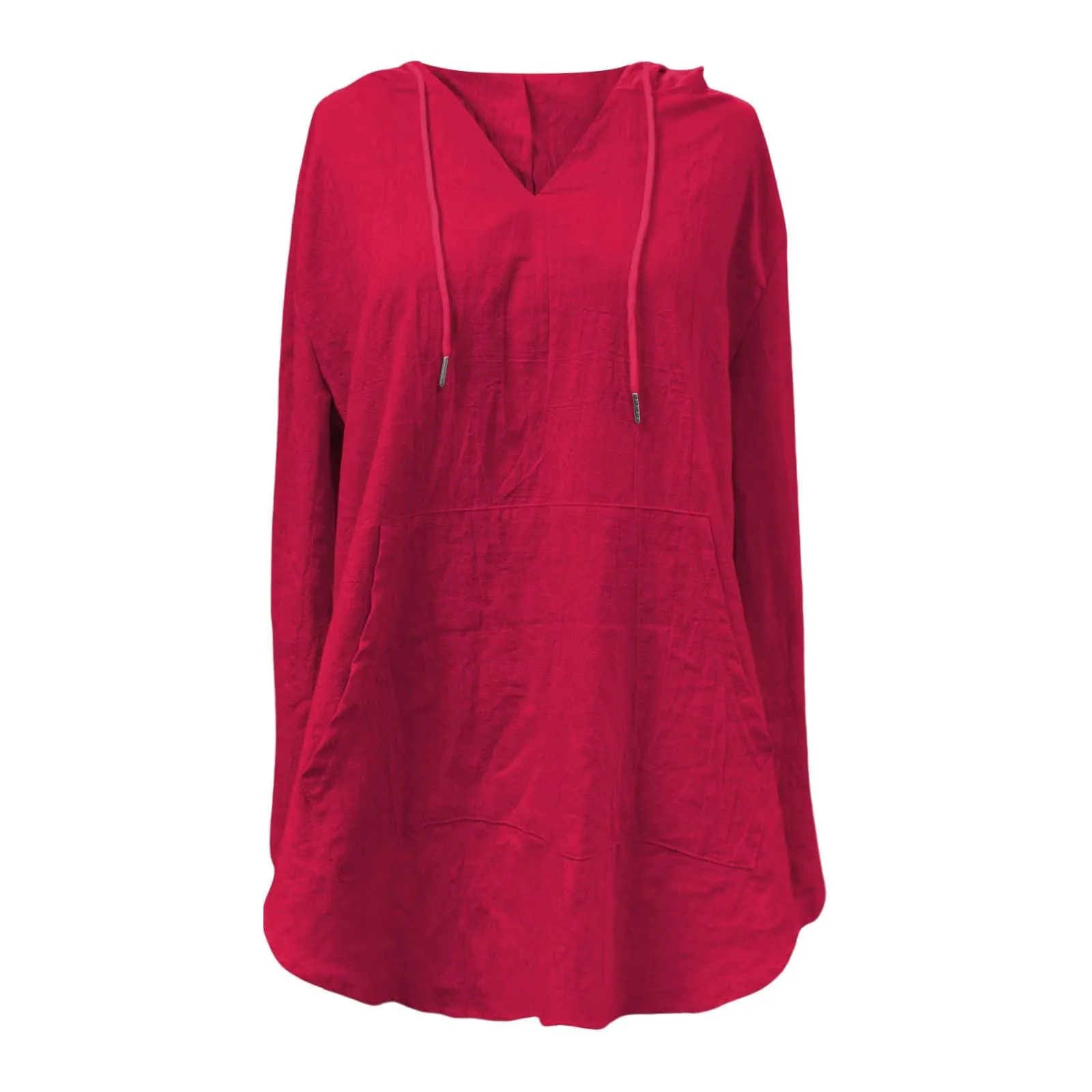 Cocila Maglietta da Donna in Cotone e Lino con Cappuccio, Maniche Lunghe, Scollo a V e Tasca (Rosso, M) - immagine 4