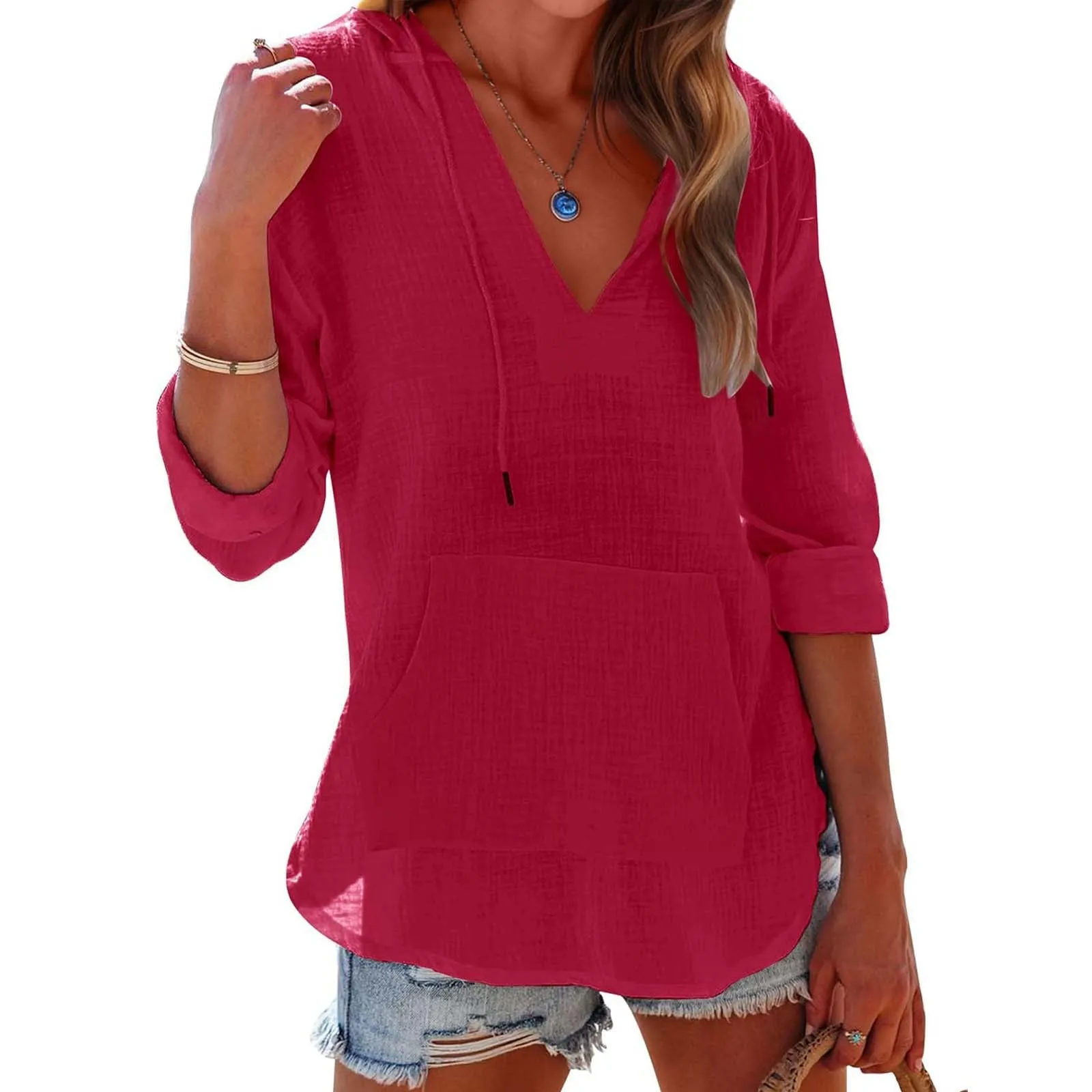 Cocila Maglietta da Donna in Cotone e Lino con Cappuccio, Maniche Lunghe e Scollo a V (Rosso, L) - immagine 2