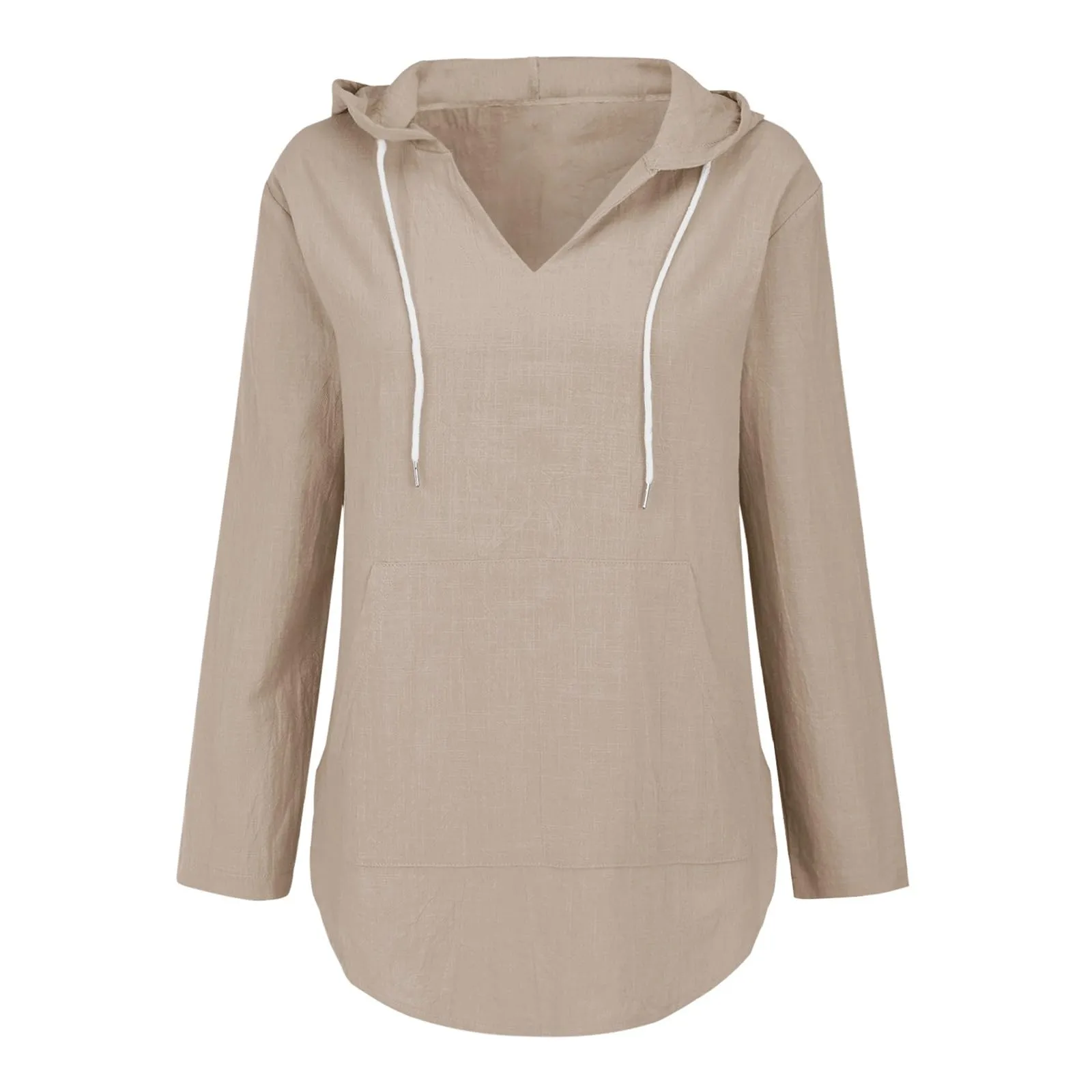Cocila Maglietta da Donna in Cotone e Lino con Cappuccio, Maniche Lunghe e Scollo a V, Beige, M - immagine 7