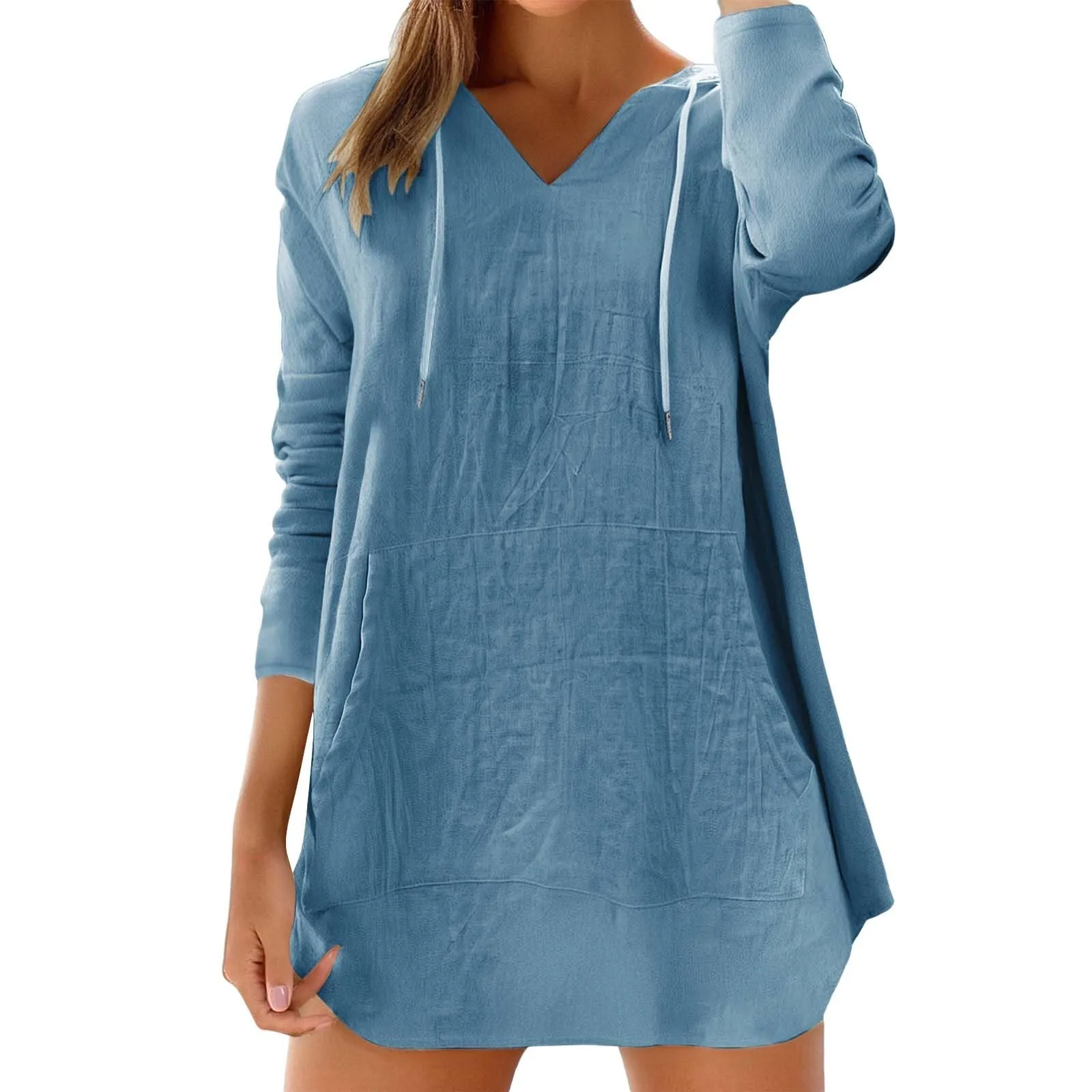Cocila Maglietta da Donna in Cotone e Lino con Cappuccio, Maniche Lunghe e Scollo a V, Sky Blue, M - immagine 1