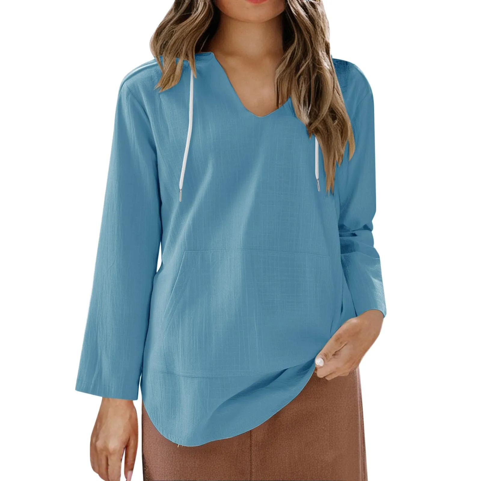 Cocila Maglietta da Donna in Cotone e Lino con Cappuccio, Maniche Lunghe e Scollo a V, Sky Blue, M - immagine 5