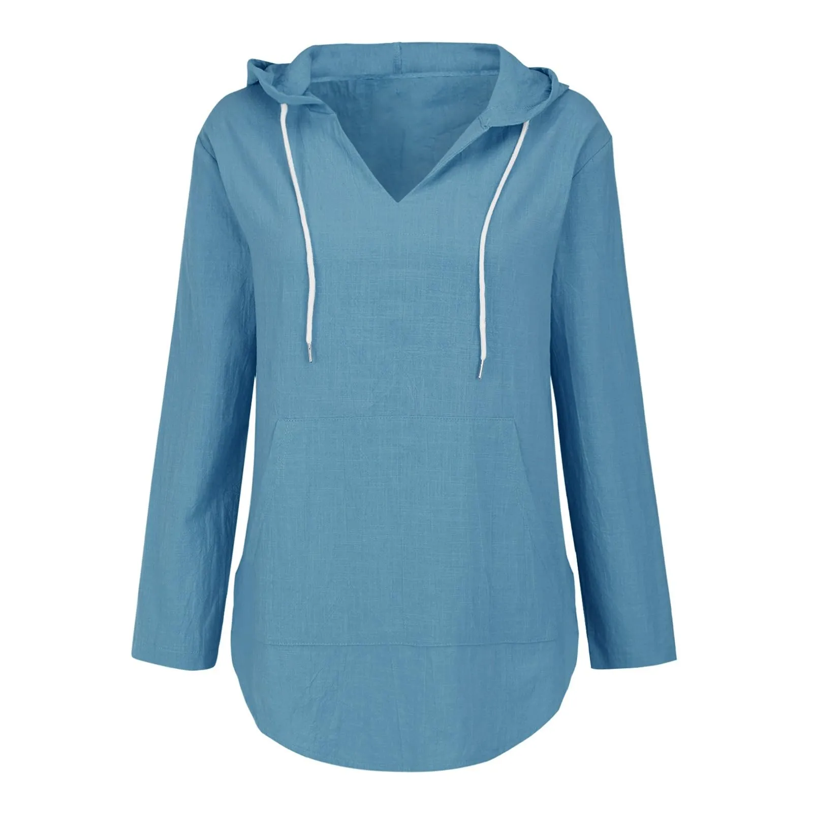 Cocila Maglietta da Donna in Cotone e Lino con Cappuccio, Scollo a V e Tasca, Maniche Lunghe (Sky Blue, S) - immagine 7