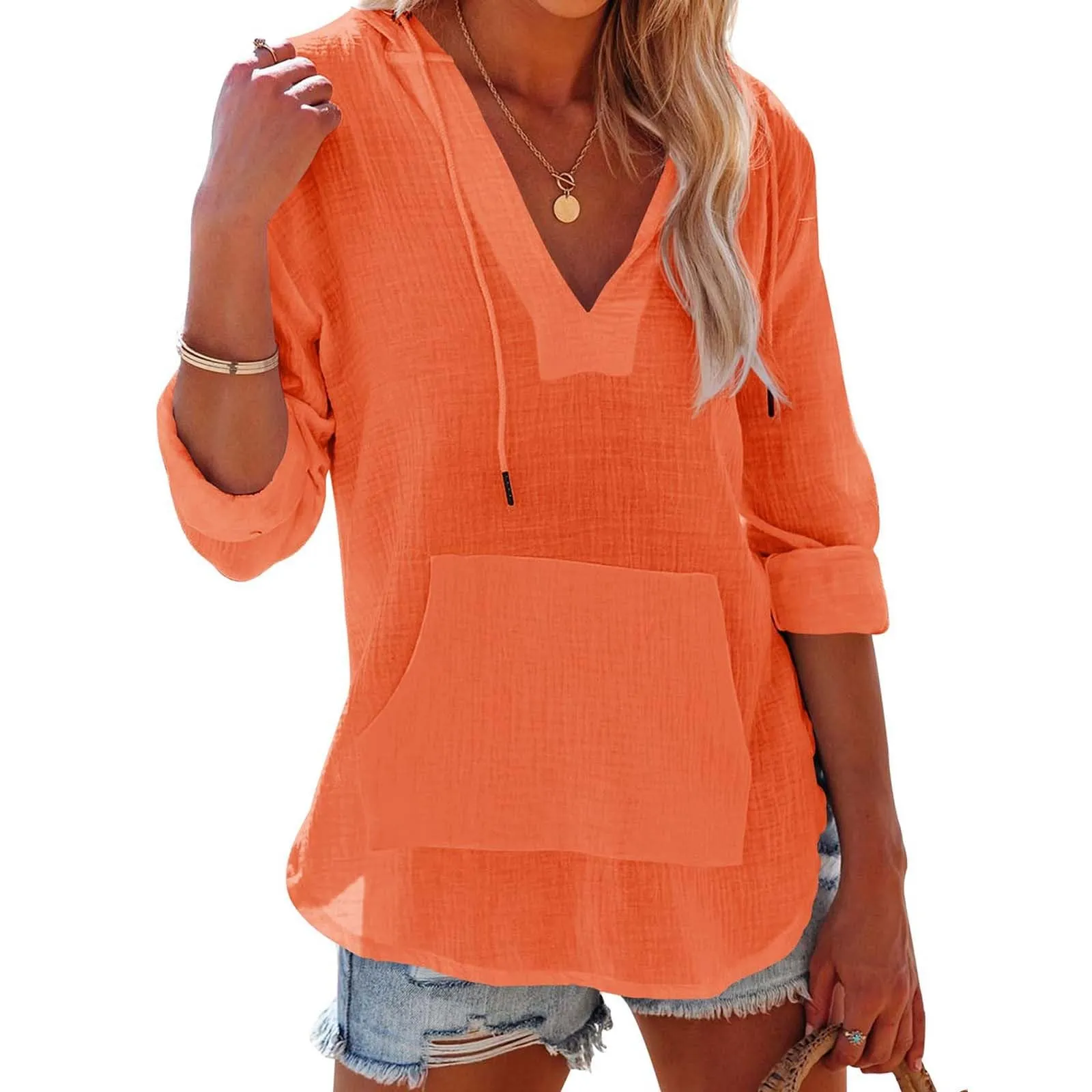Cocila Maglietta da Donna in Cotone e Lino con Cappuccio, Maniche Lunghe, Scollo a V e Tasca (Orange, XXL) - immagine 2