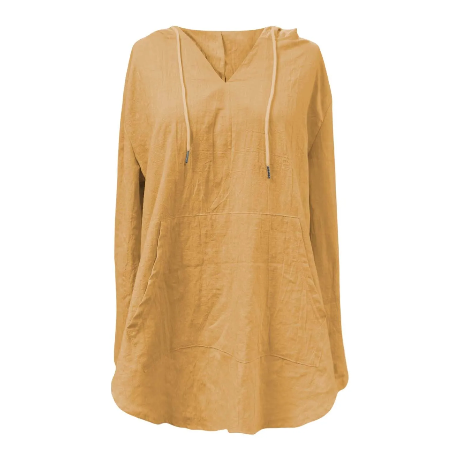 Cocila Maglietta da Donna in Cotone e Lino con Cappuccio, Maniche Lunghe, Scollo a V e Tasca (Yellow, L) - immagine 4