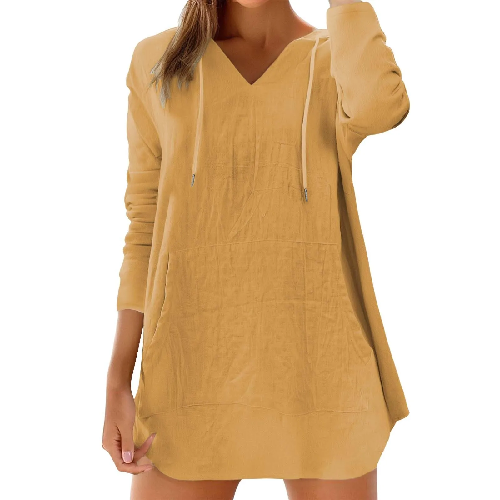 Cocila Maglietta da Donna in Cotone e Lino con Cappuccio, Scollo a V e Tasca Grande, Giallo, XXL - immagine 1