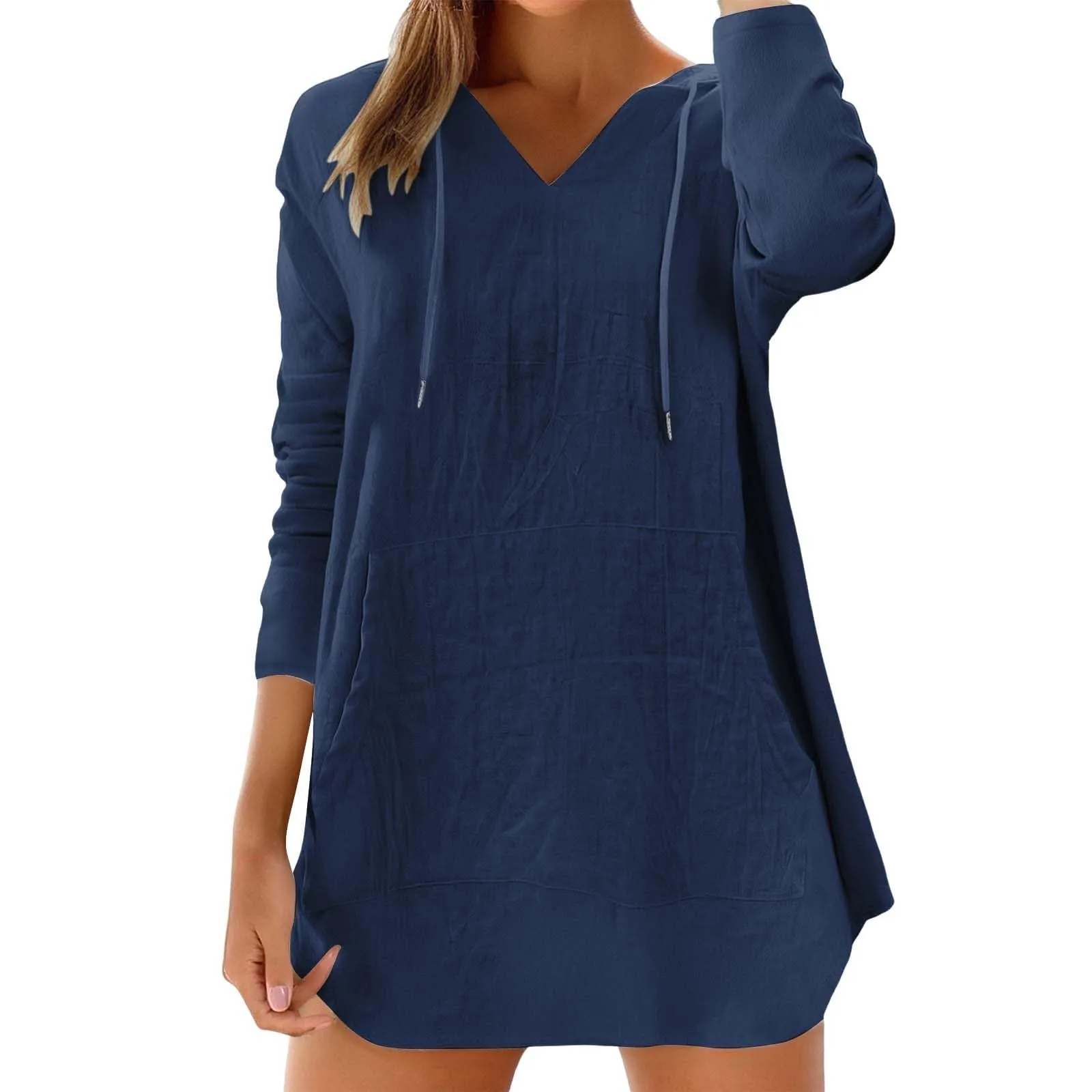 Cocila Maglietta da Donna in Cotone e Lino con Cappuccio, Maniche Lunghe e Scollo a V, Navy, S - immagine 1