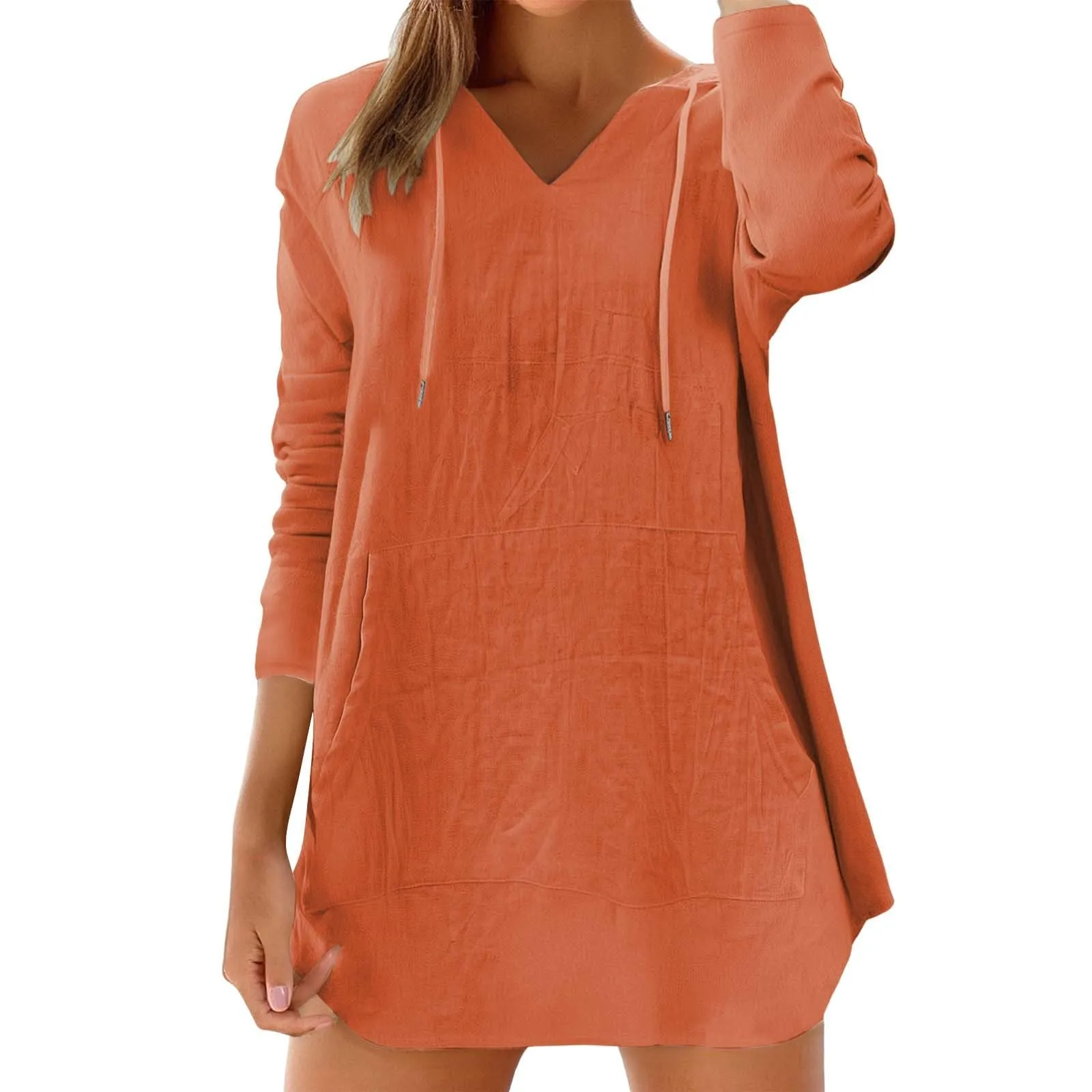Cocila Maglietta da Donna in Cotone e Lino con Cappuccio, Maniche Lunghe, Scollo a V e Tasca (Orange, S) - immagine 3