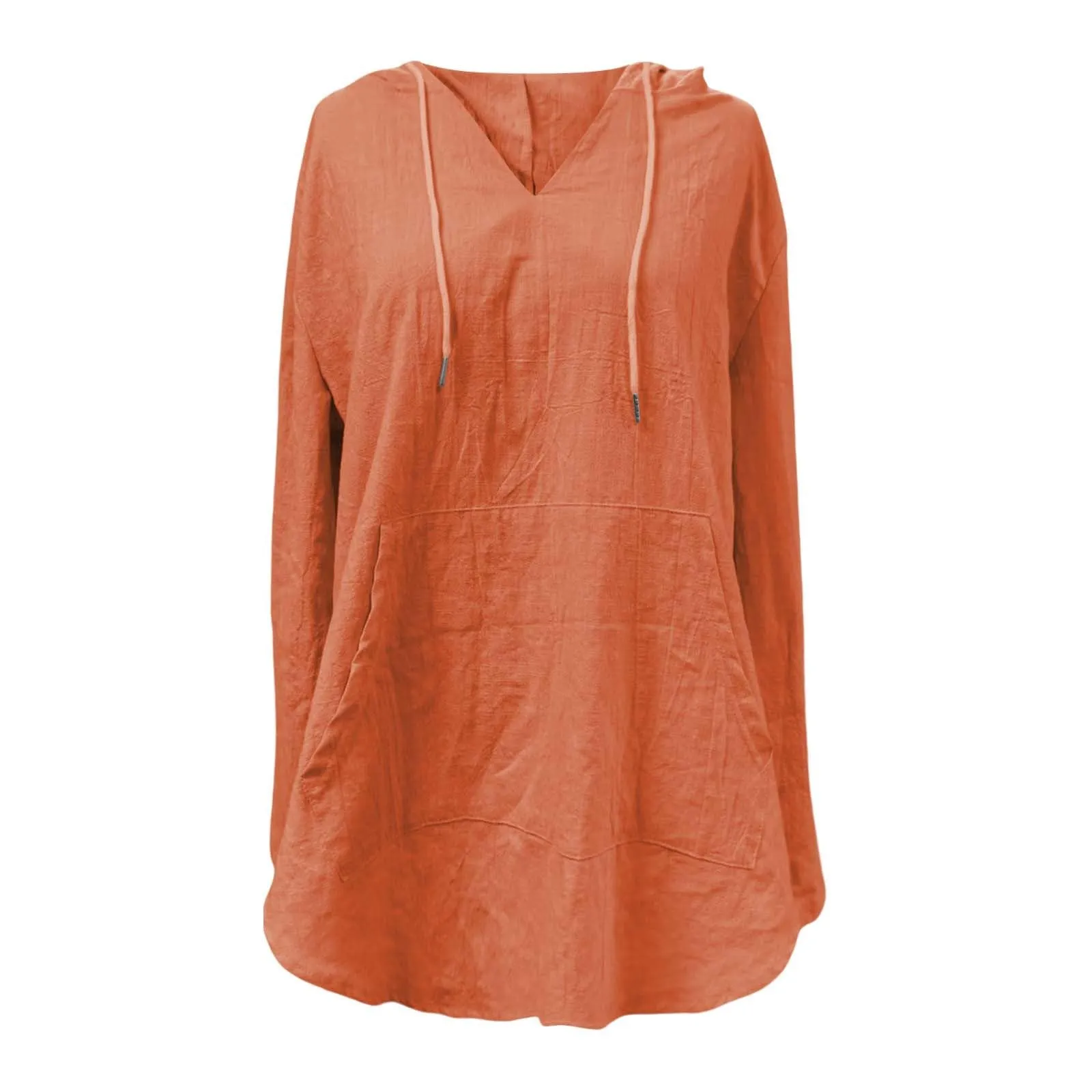 Cocila Maglietta da Donna in Cotone e Lino con Cappuccio, Maniche Lunghe, Scollo a V e Tasca (Orange, S) - immagine 4