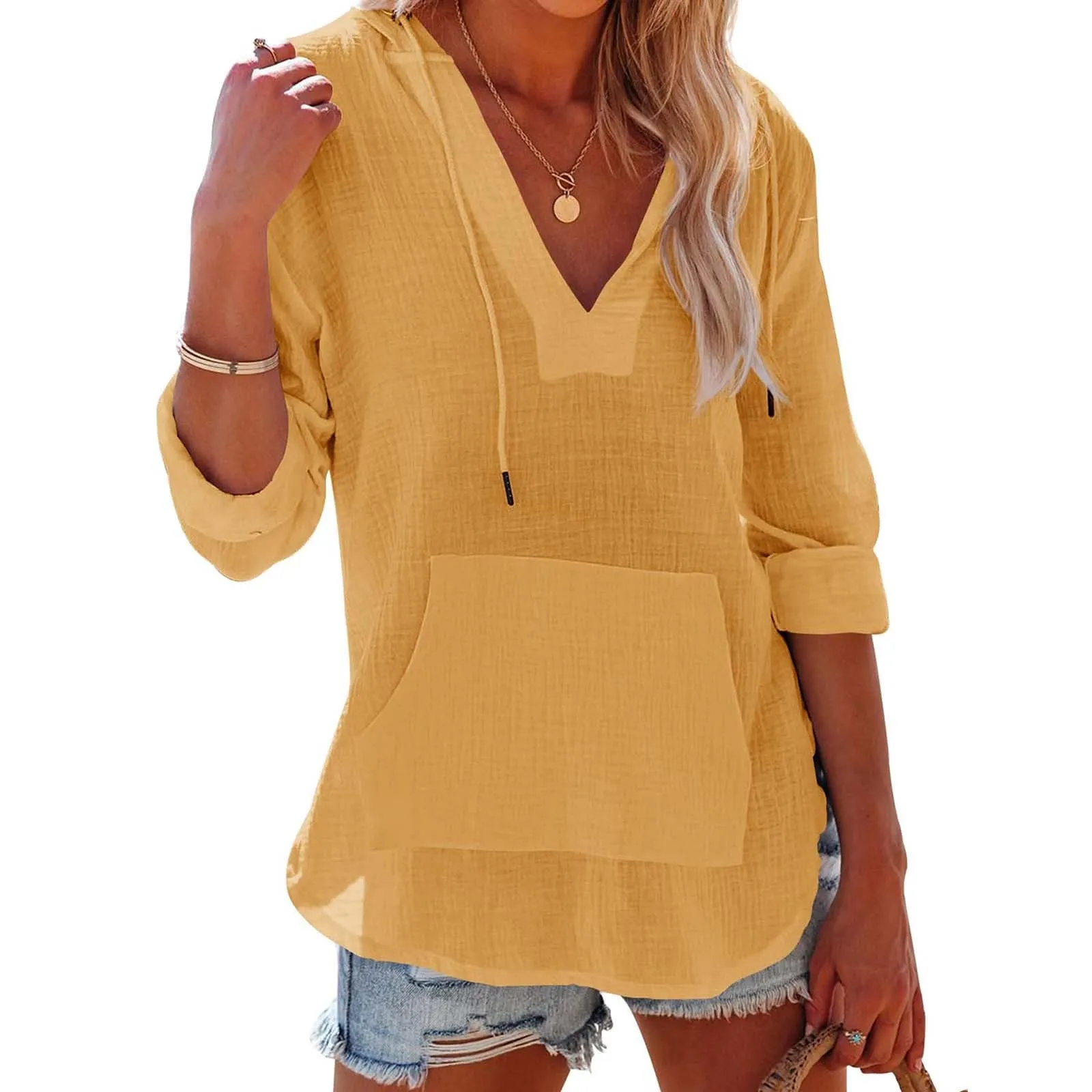 Cocila Maglietta da Donna in Cotone e Lino con Cappuccio, Maniche Lunghe, Scollo a V e Tasca (Yellow, XL) - immagine 2