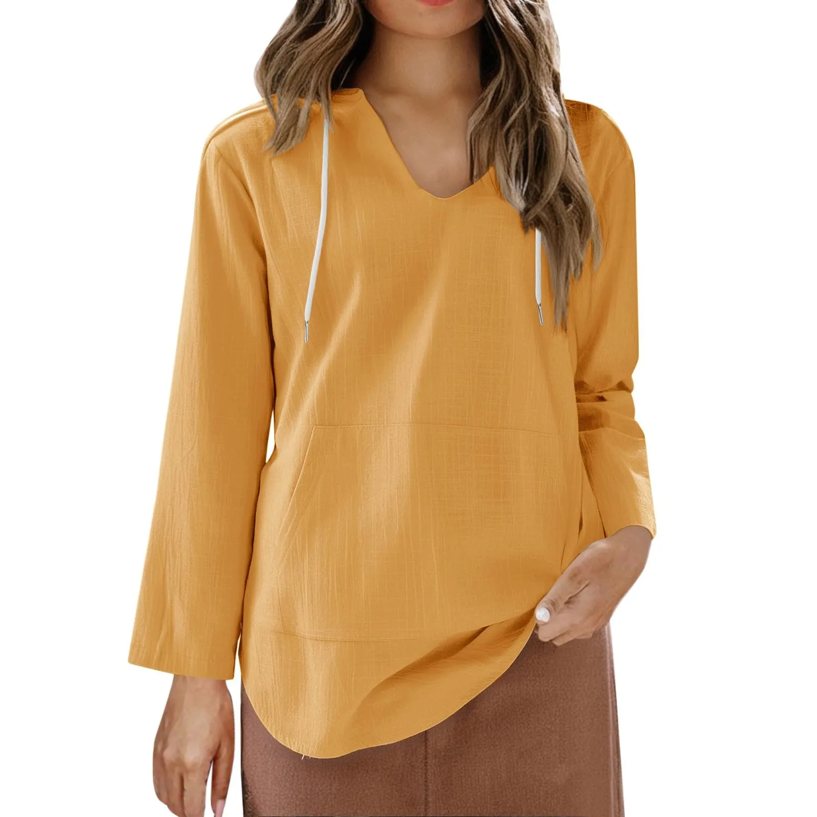Cocila Maglietta da Donna in Cotone e Lino con Cappuccio, Maniche Lunghe, Scollo a V e Tasca (Yellow, XL) - immagine 7