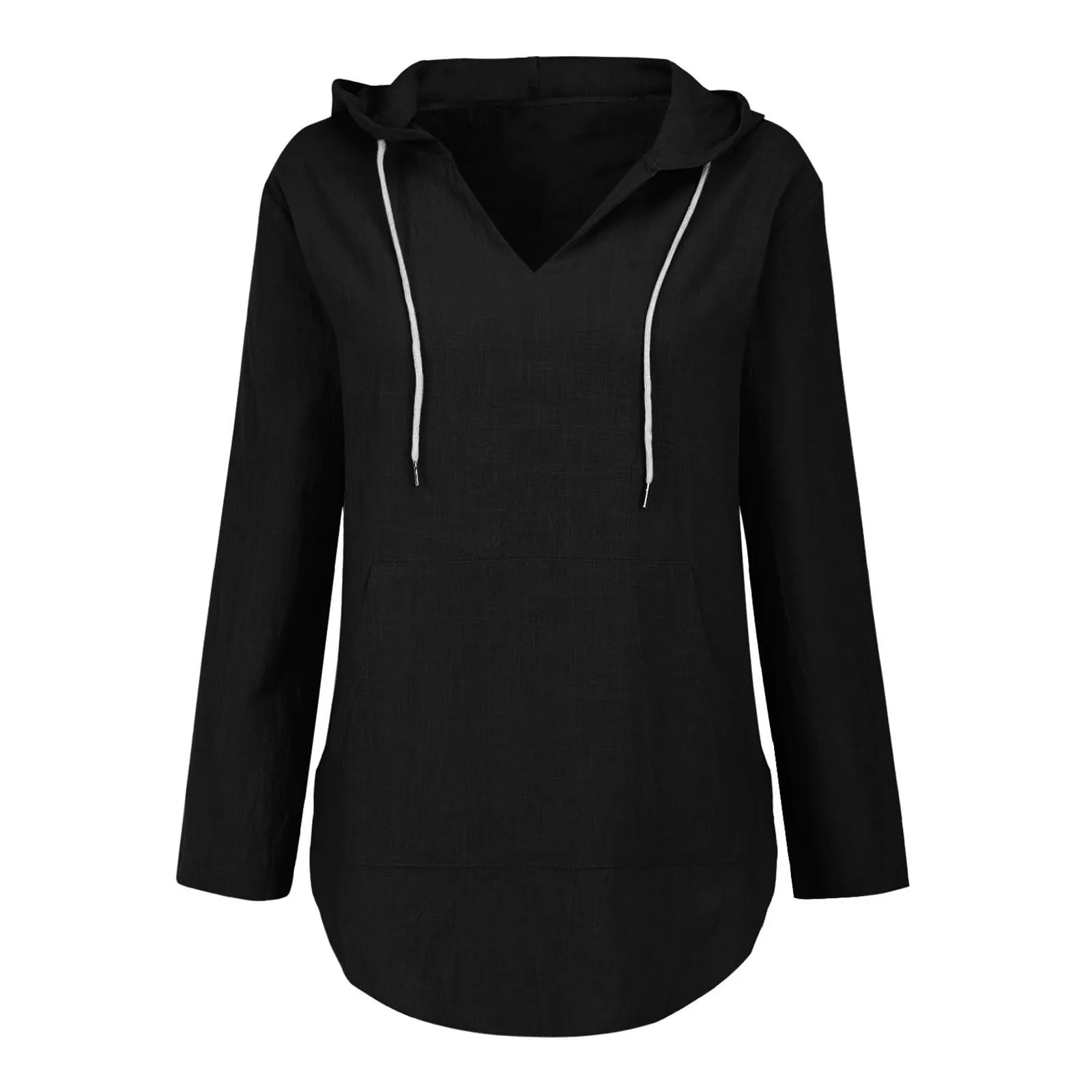 Cocila Maglietta da Donna in Cotone e Lino con Cappuccio, Maniche Lunghe e Scollo a V, Black, XL - immagine 5