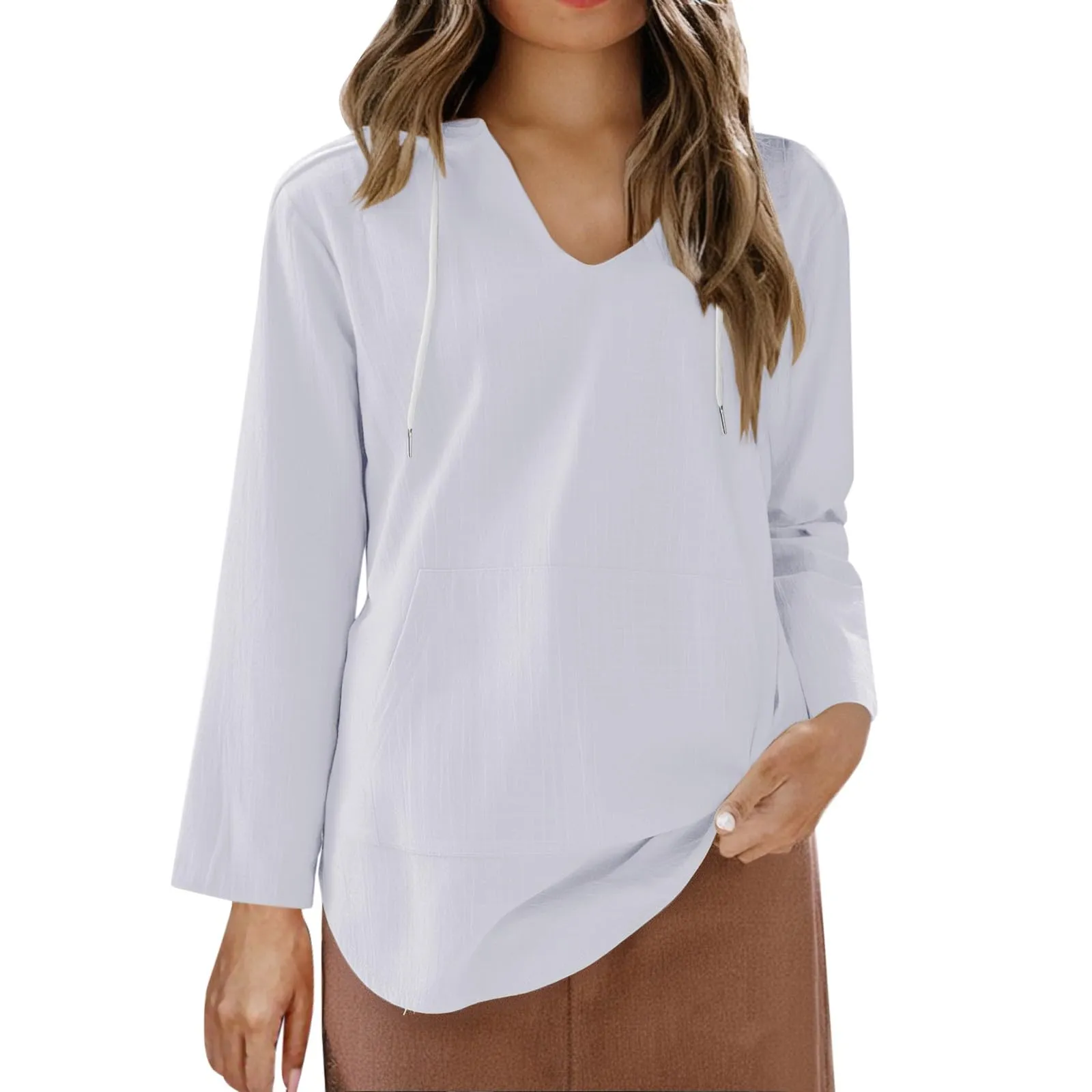 Cocila Maglietta da Donna in Cotone e Lino con Cappuccio, Maniche Lunghe e Scollo a V (White, M) - immagine 7