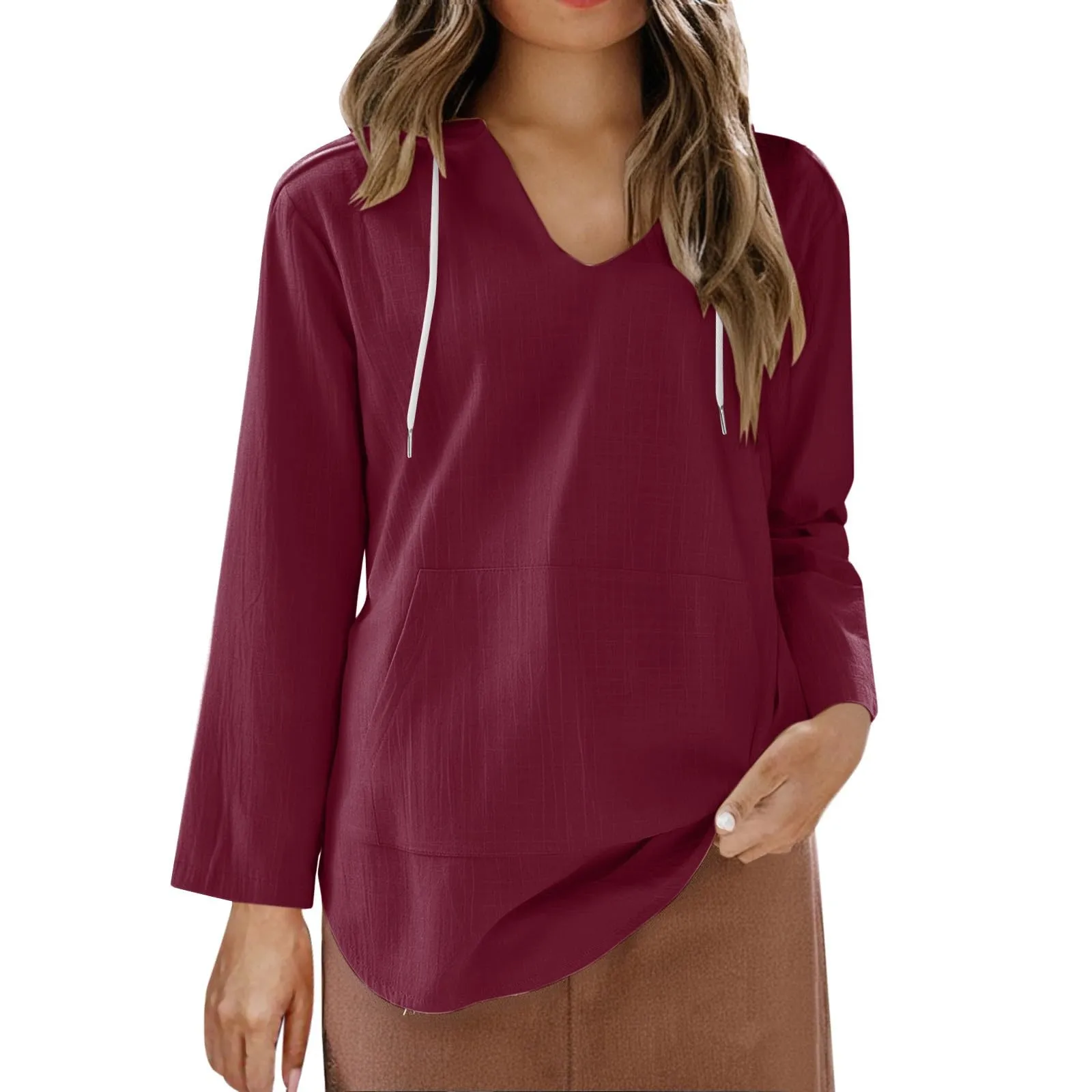 Cocila Maglietta da Donna in Cotone e Lino con Cappuccio, Maniche Lunghe e Scollo a V, Wine, XXL - immagine 7
