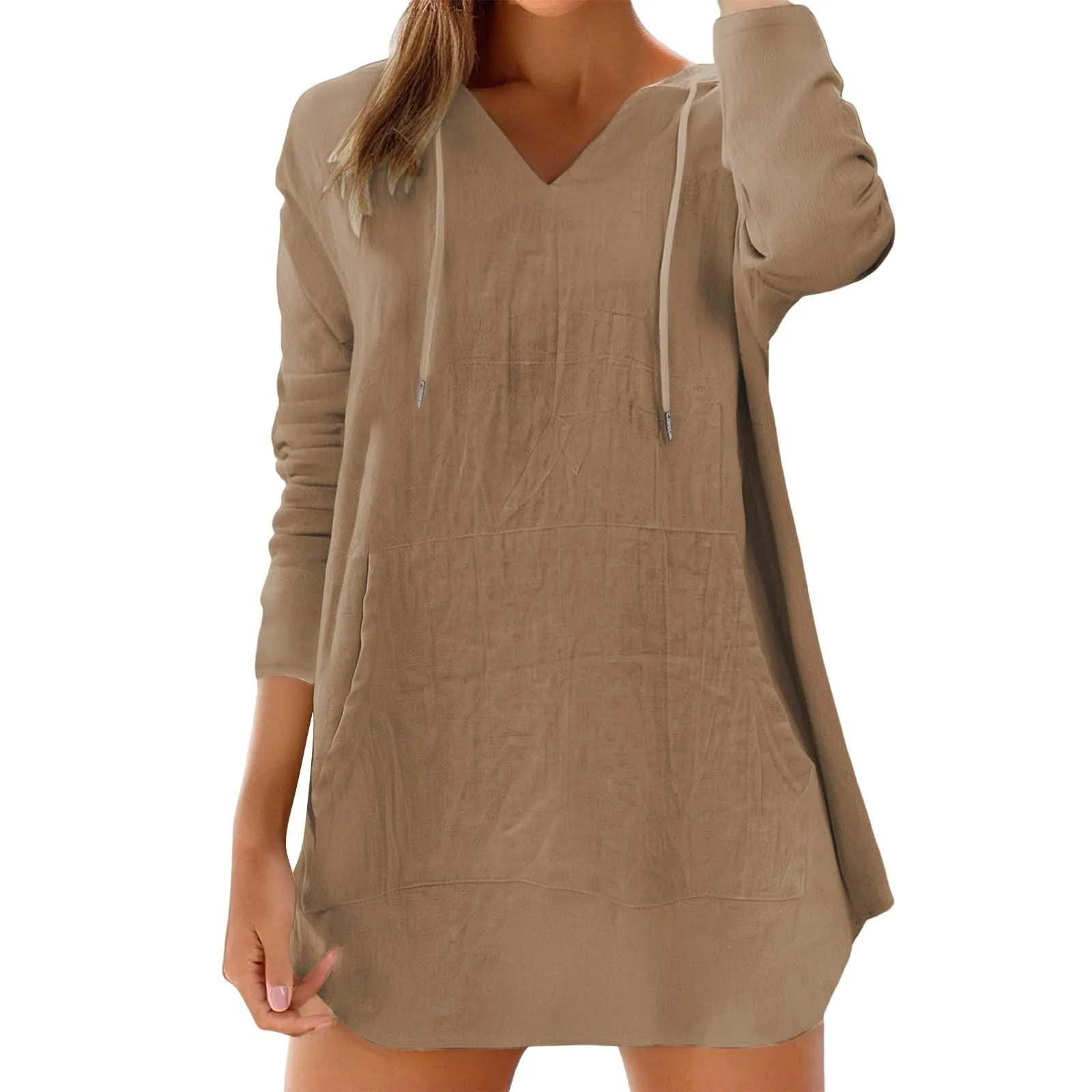 Cocila Maglietta da Donna in Cotone e Lino con Cappuccio, Maniche Lunghe e Scollo a V (Khaki, M) - immagine 3