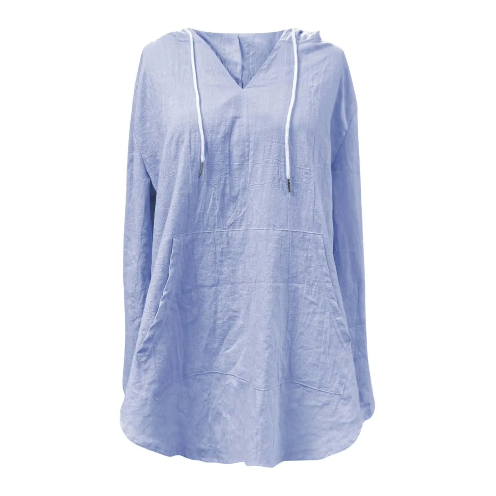 Cocila Maglietta da Donna in Cotone e Lino con Cappuccio, Maniche Lunghe, Scollo a V e Tasca (Light Blue, XXL) - immagine 4