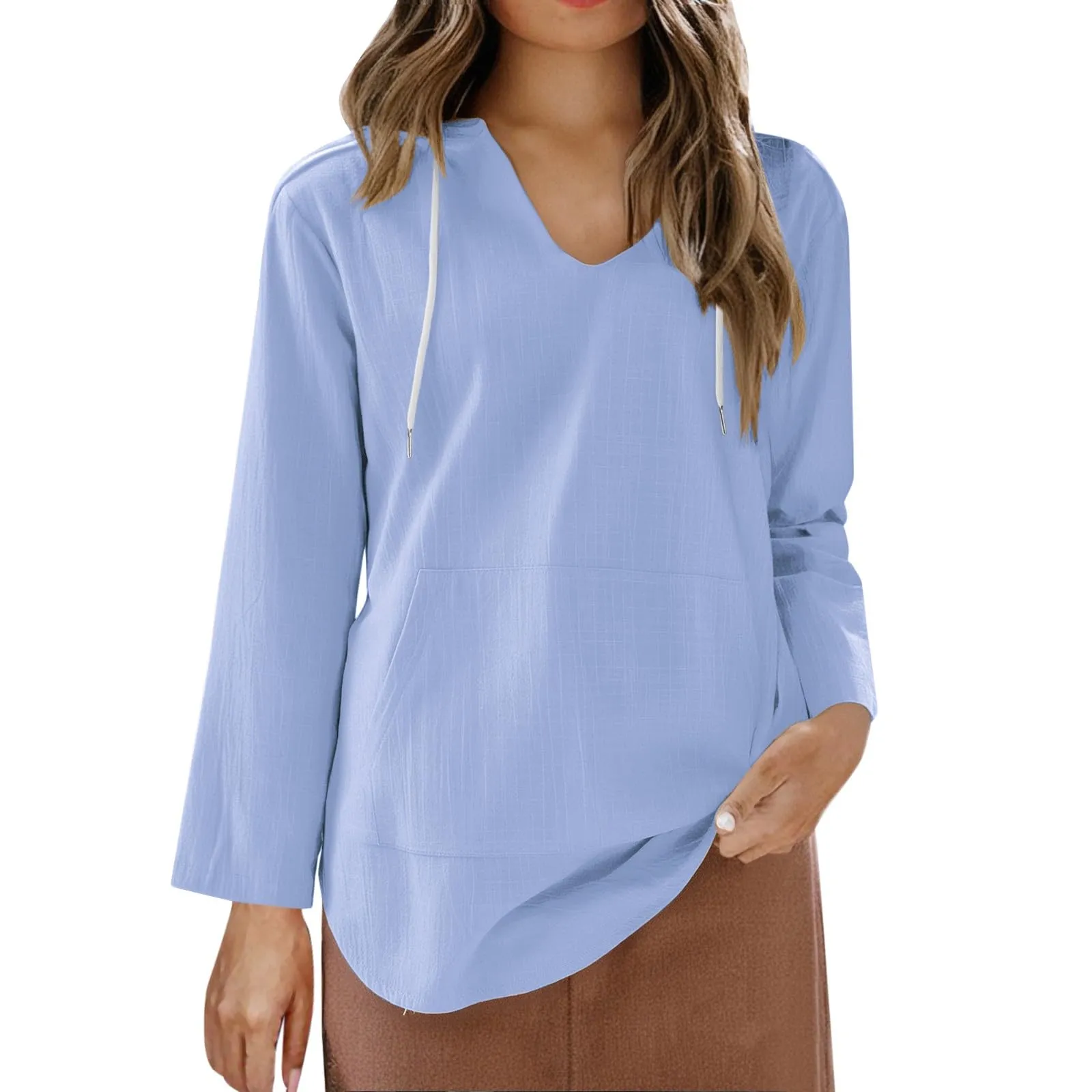 Cocila Maglietta da Donna in Cotone e Lino con Cappuccio, Maniche Lunghe, Scollo a V e Tasca (Light Blue, XXL) - immagine 7