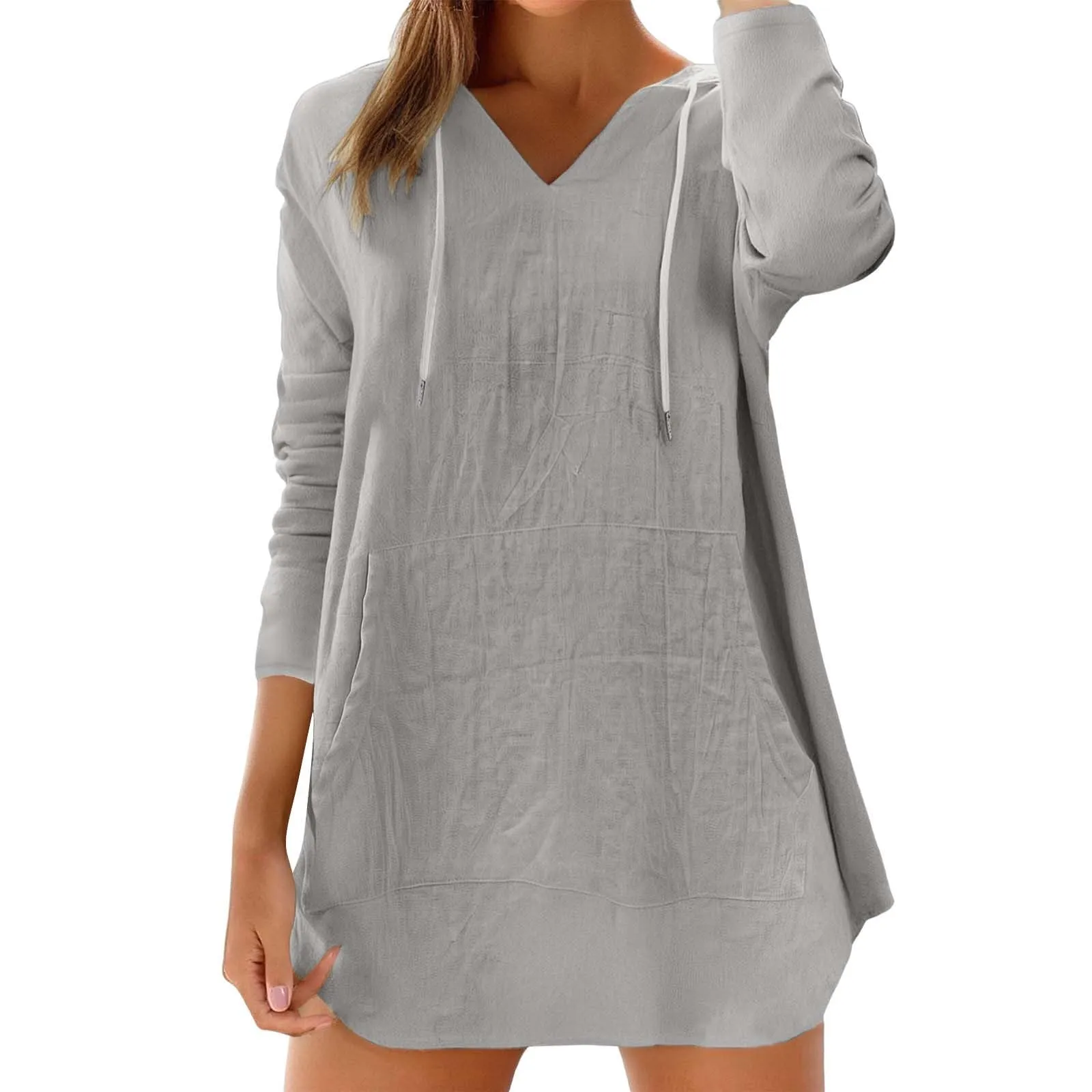 Cocila Maglietta da Donna in Cotone e Lino con Cappuccio, Maniche Lunghe e Scollo a V, Grey, XL - immagine 3