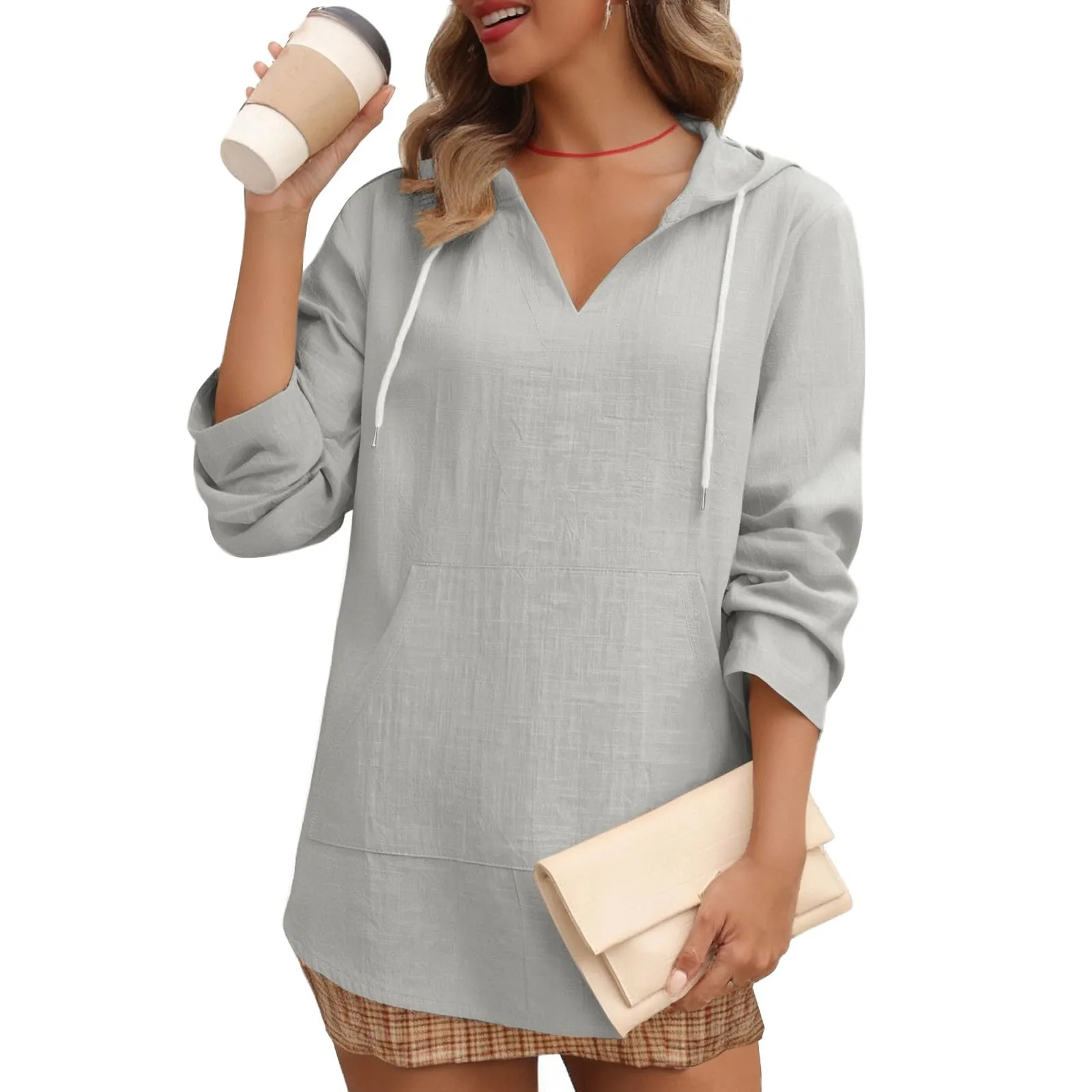 Cocila Maglietta da Donna in Cotone e Lino con Cappuccio, Maniche Lunghe e Scollo a V, Grey, XL - immagine 5