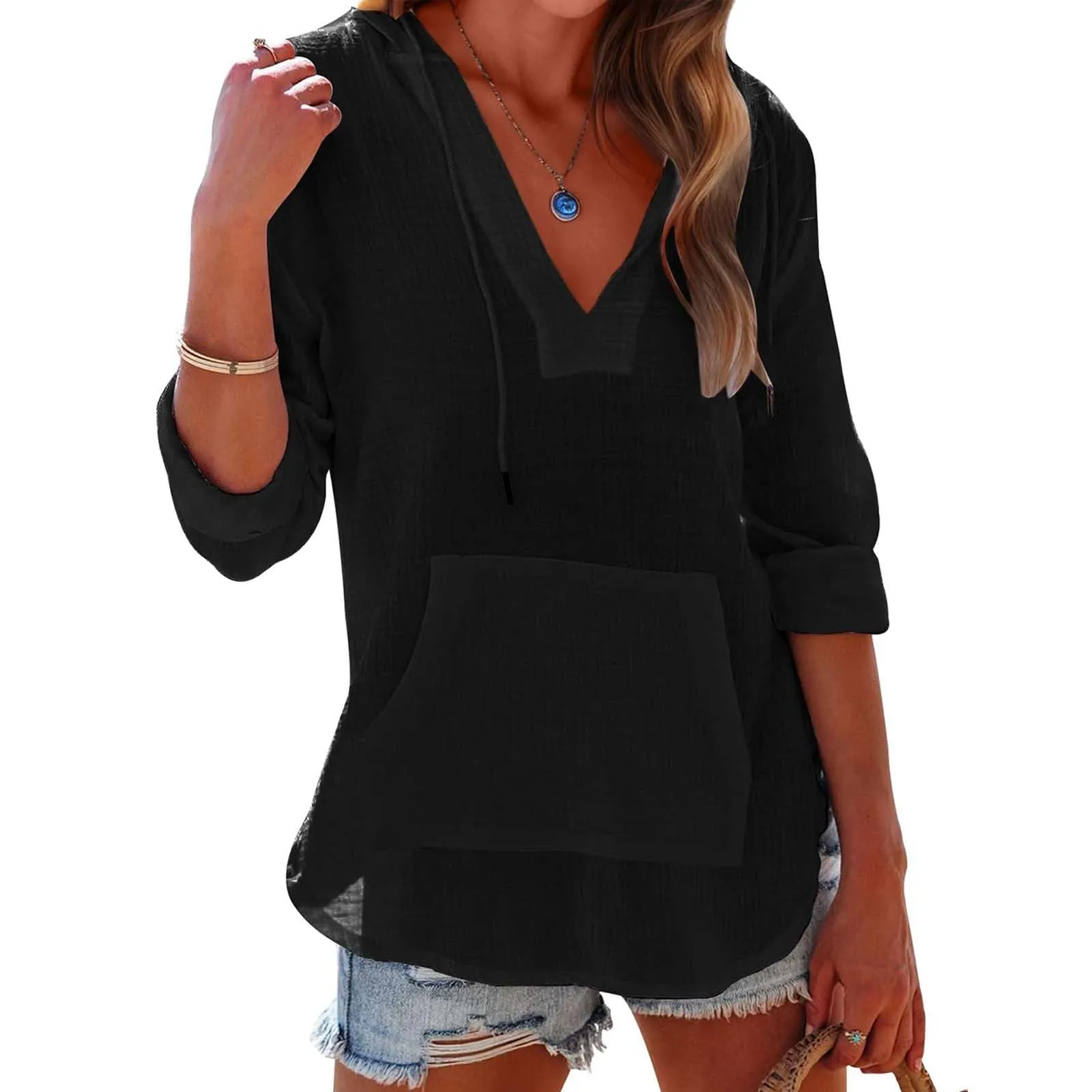 Cocila Maglietta da Donna in Cotone e Lino con Cappuccio a Maniche Lunghe, Scollo a V e Tasca (Nero, XXL) - immagine 2