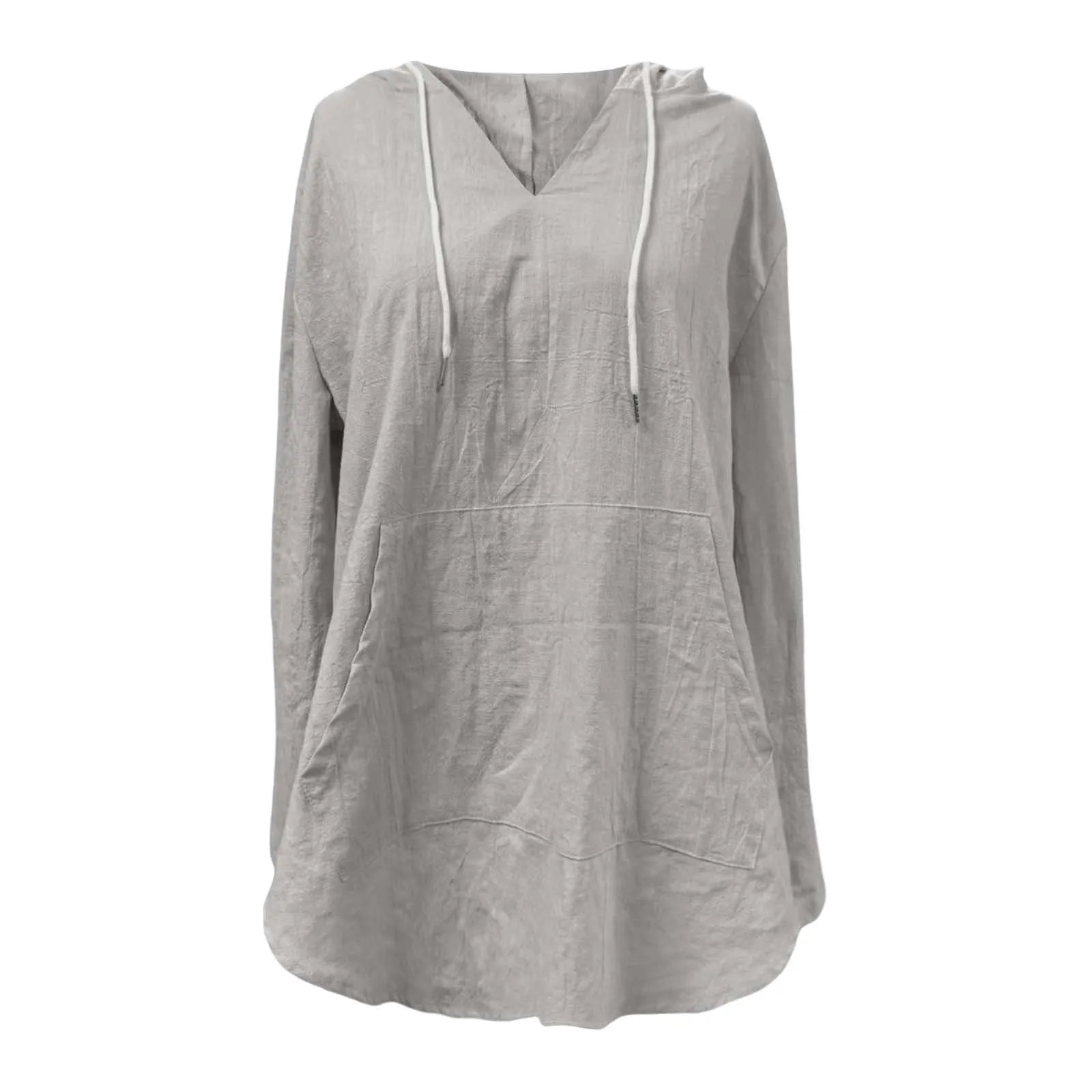 Cocila Maglietta da Donna in Cotone e Lino con Cappuccio, Maniche Lunghe e Scollo a V (Grey, XXL) - immagine 4
