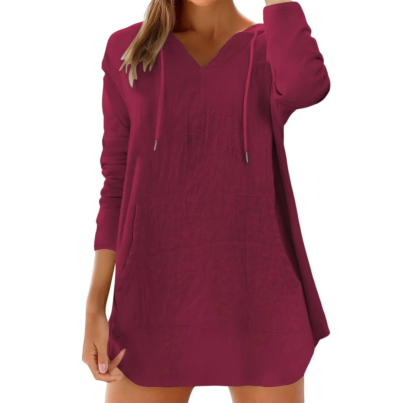 Cocila Maglietta da Donna in Cotone e Lino con Cappuccio, Maniche Lunghe, Scollo a V e Tasca, Vino, M - immagine 3
