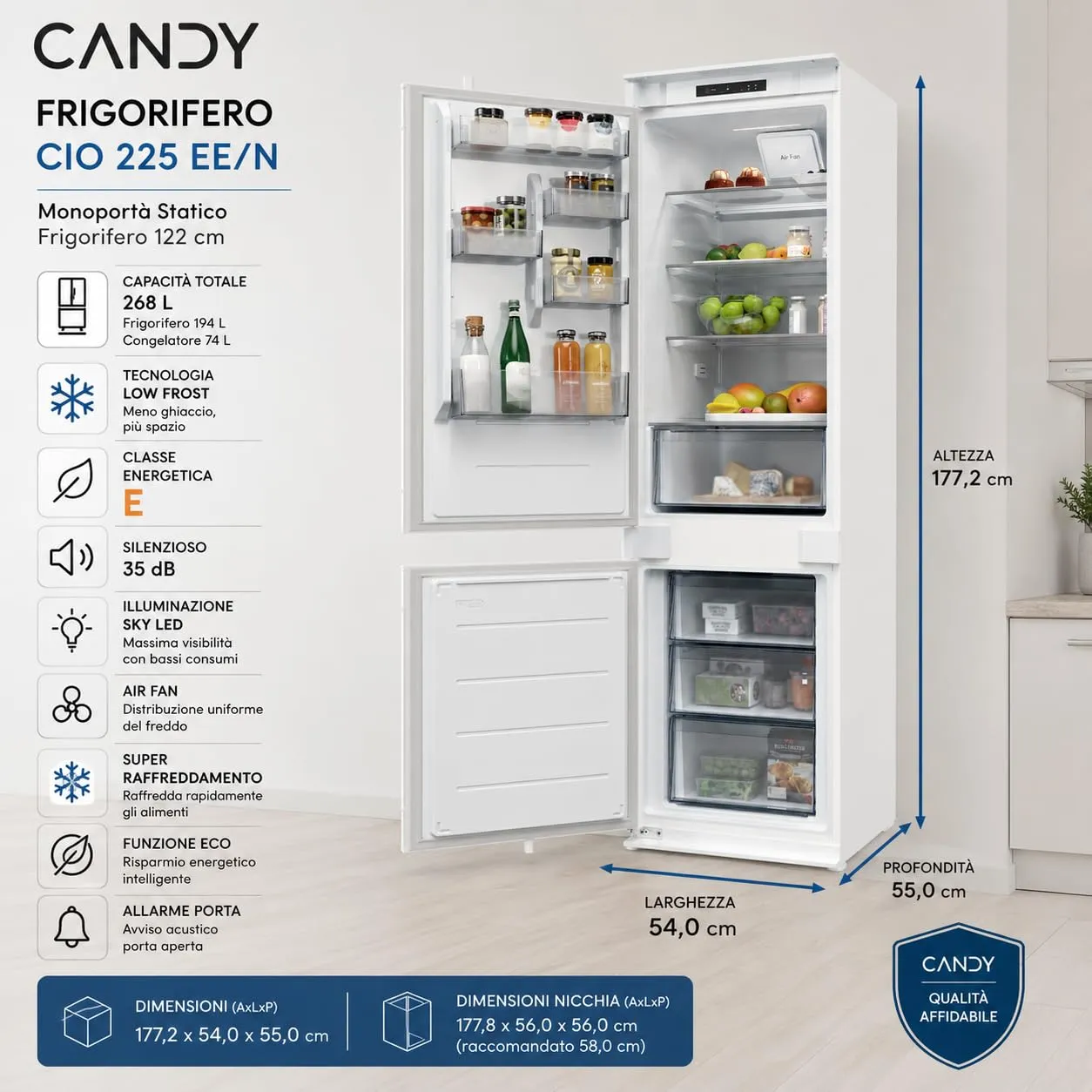 Candy CNBQL3518EVL Frigorifero Combinato da Incasso 268 Litri, Low Frost, Classe E - immagine 3