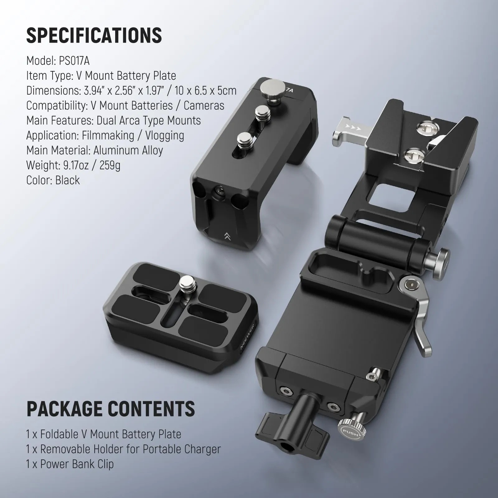 NEEWER Piastra Batteria V Mount con Piastra QR Arca e Supporto Caricabatterie Portatile, Adattatore V Lock per PS099E, Compatibile con DJI RS4 RS3, PS017A - immagine 7