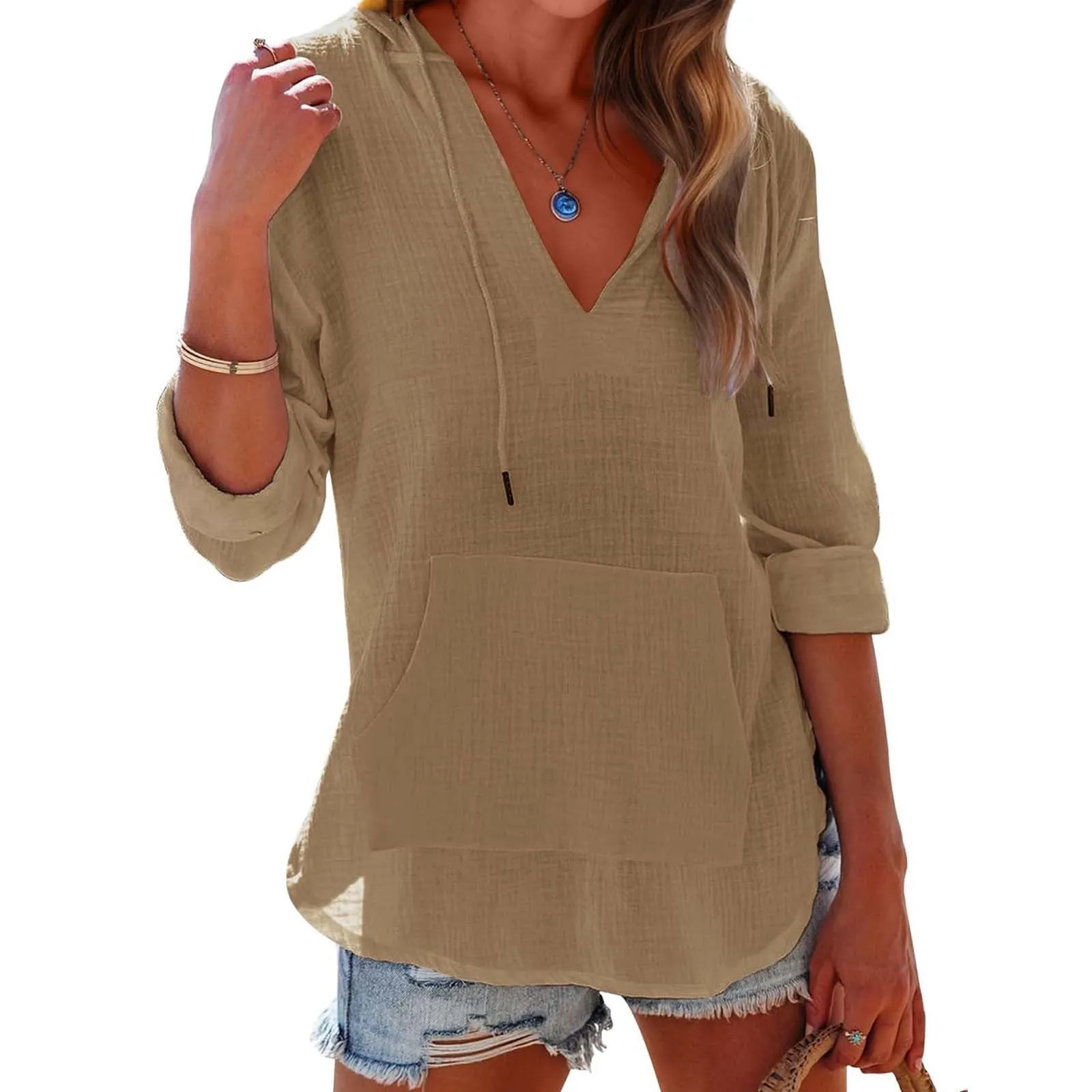 Cocila Maglietta da Donna in Cotone e Lino con Cappuccio, Maniche Lunghe e Scollo a V (Khaki, XL) - immagine 2