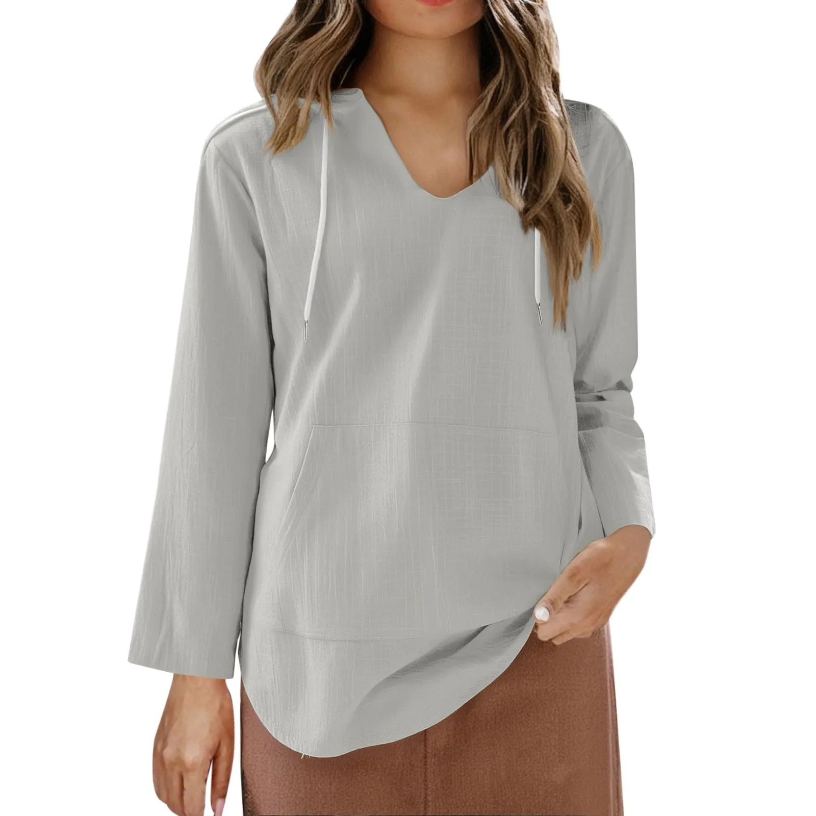 Cocila Maglietta da Donna in Cotone e Lino con Cappuccio, Maniche Lunghe e Scollo a V (Grey, S) - immagine 7