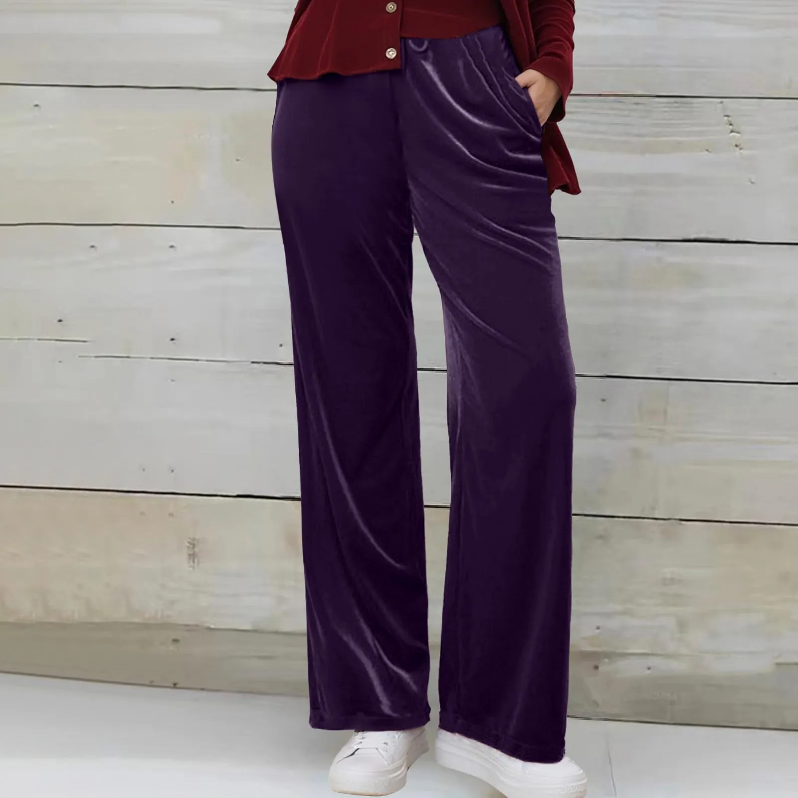 Gefomuofe Pantaloni di velluto a coste da donna a gamba larga a vita alta con tasche - immagine 2