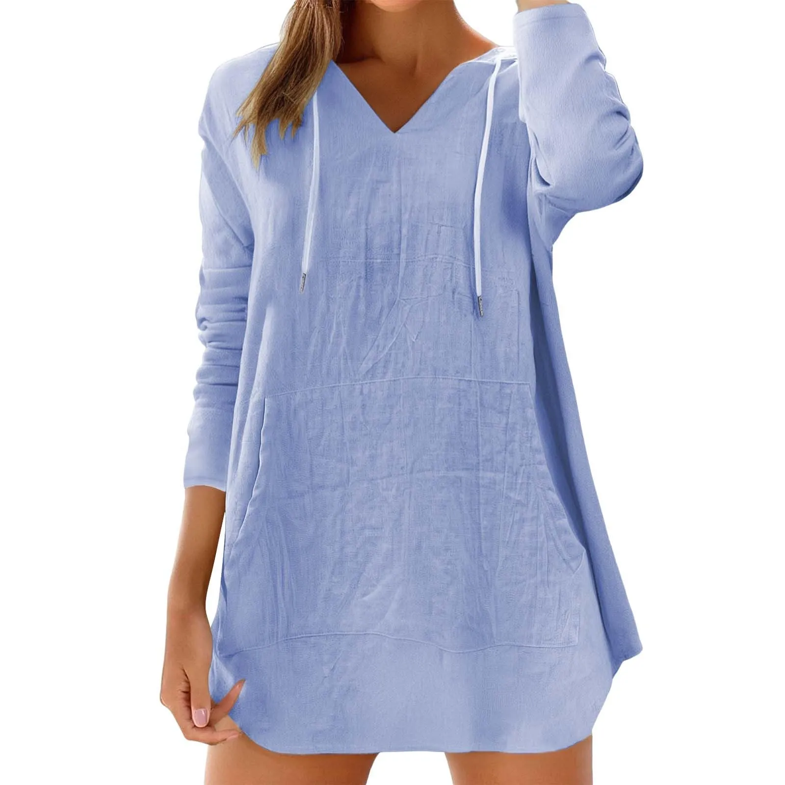 Cocila Maglietta da Donna in Cotone e Lino con Cappuccio, Scollo a V e Tasca, Maniche Lunghe (Light Blue, S) - immagine 3