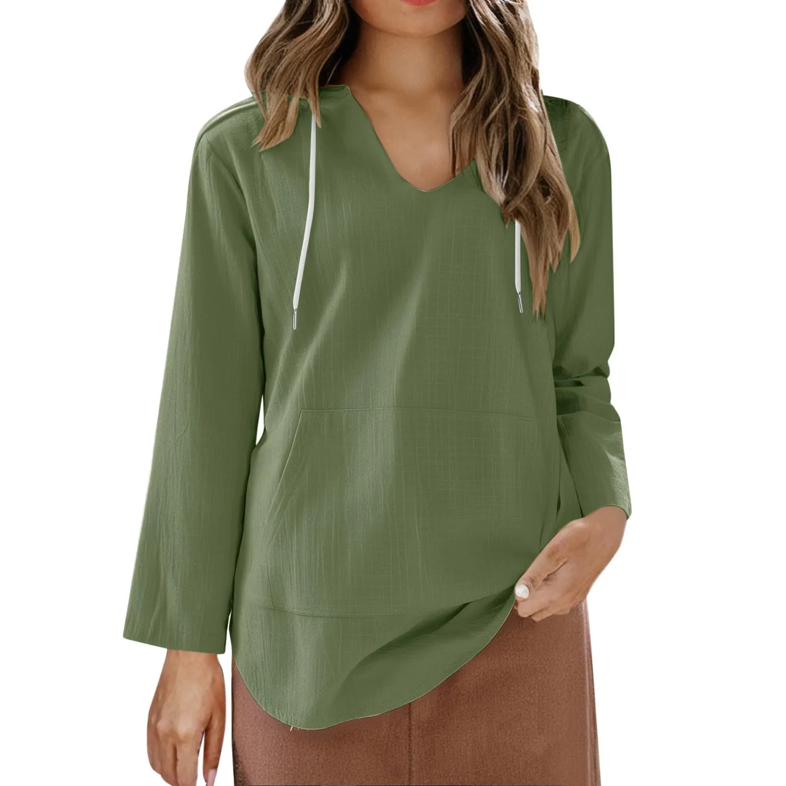 Cocila Maglietta da Donna in Cotone e Lino con Cappuccio, Maniche Lunghe e Scollo a V (Green, L) - immagine 5