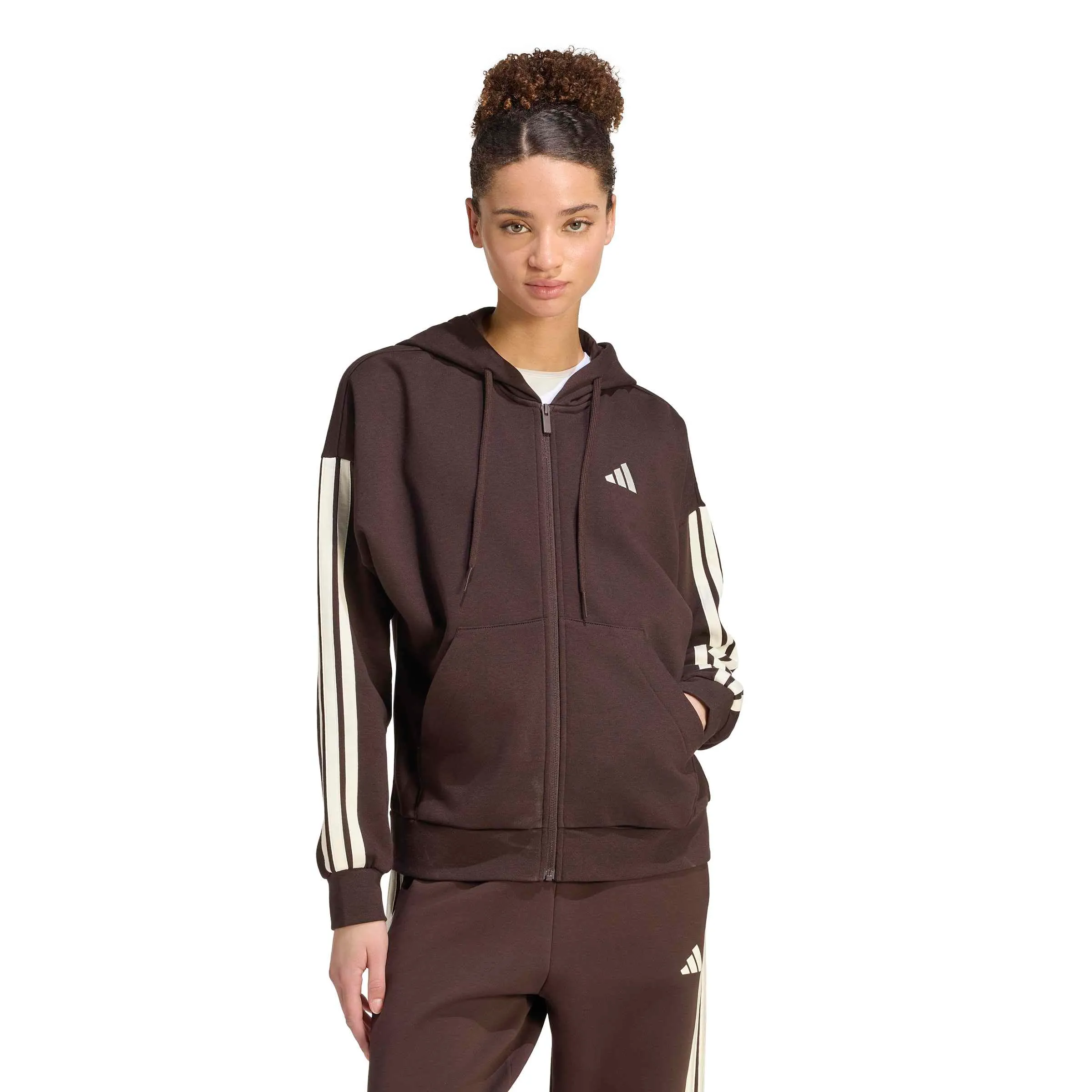 adidas Donna Essentials 3-Stripes Full-Zip Fleece Hoodie, Aurora Coffee/Ivory, XS - immagine 3