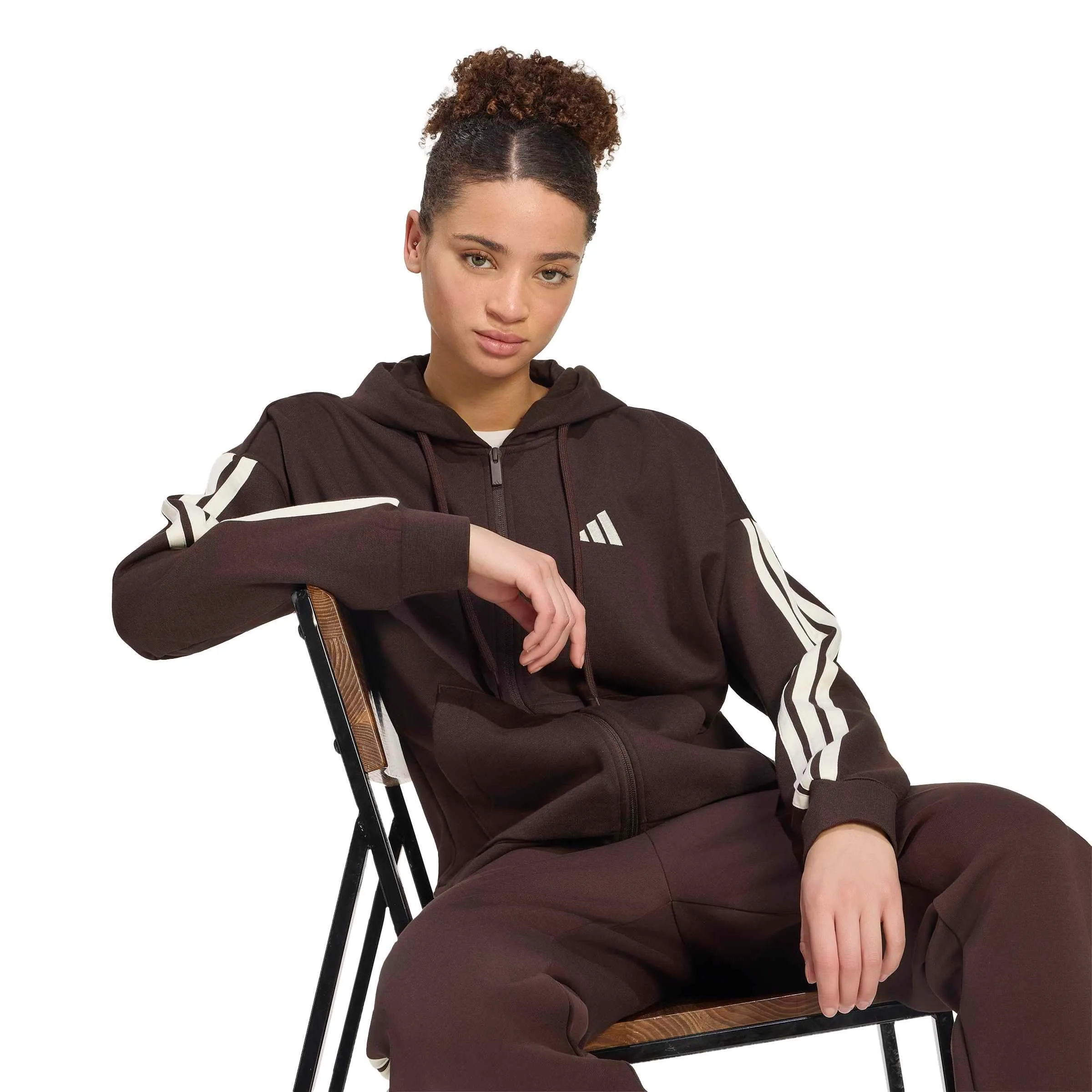 adidas Donna Essentials 3-Stripes Full-Zip Fleece Hoodie, Aurora Coffee/Ivory, XS - immagine 5