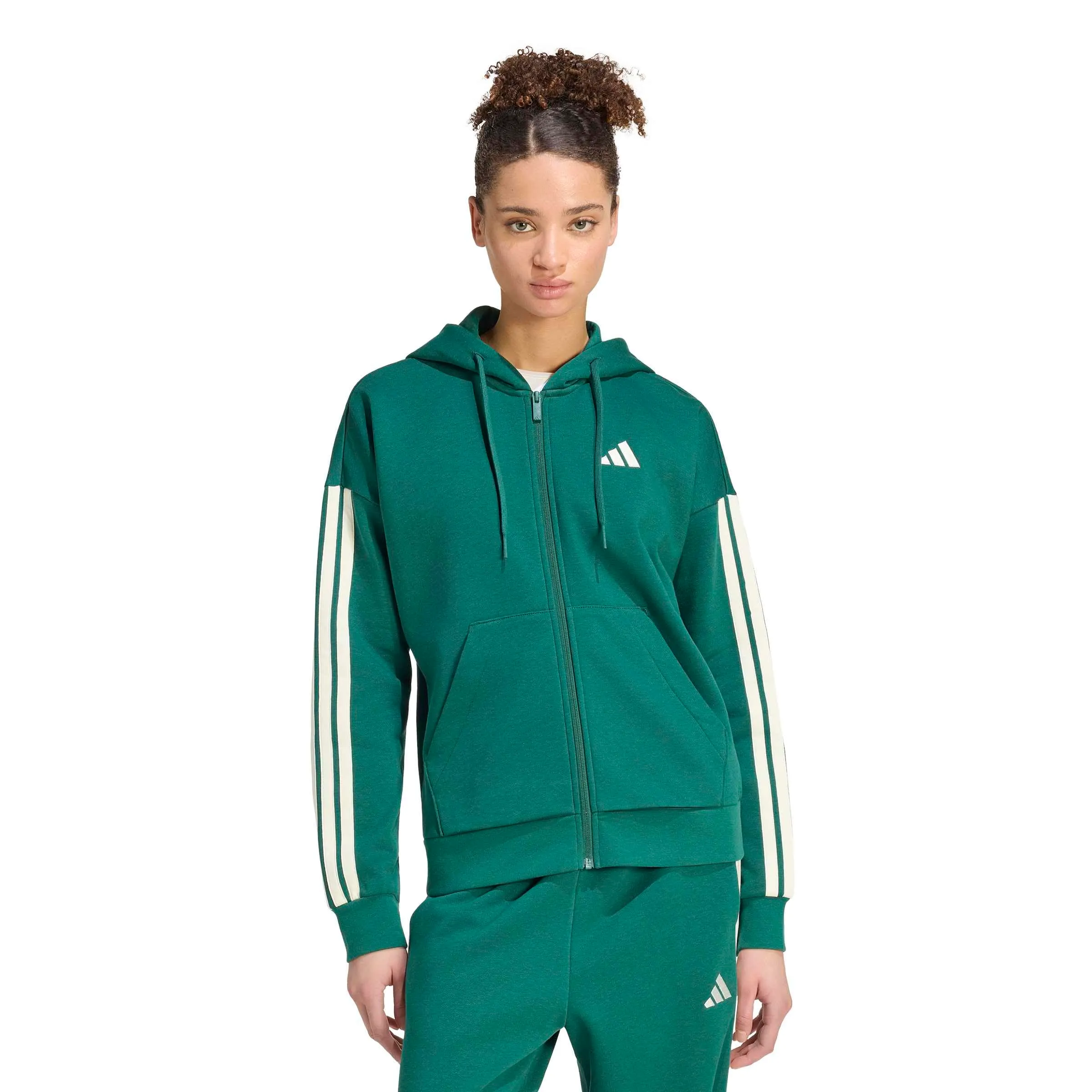 adidas Donna Essentials 3-Stripes Full-Zip Fleece Hoodie, Collegiate Green/Ivory, L - immagine 3