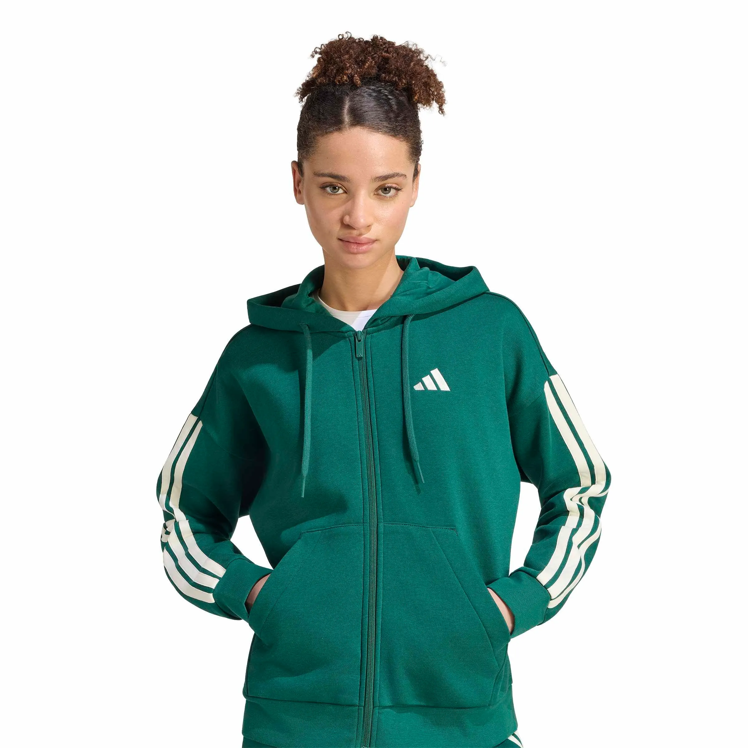 adidas Donna Essentials 3-Stripes Full-Zip Fleece Hoodie, Collegiate Green/Ivory, L - immagine 4