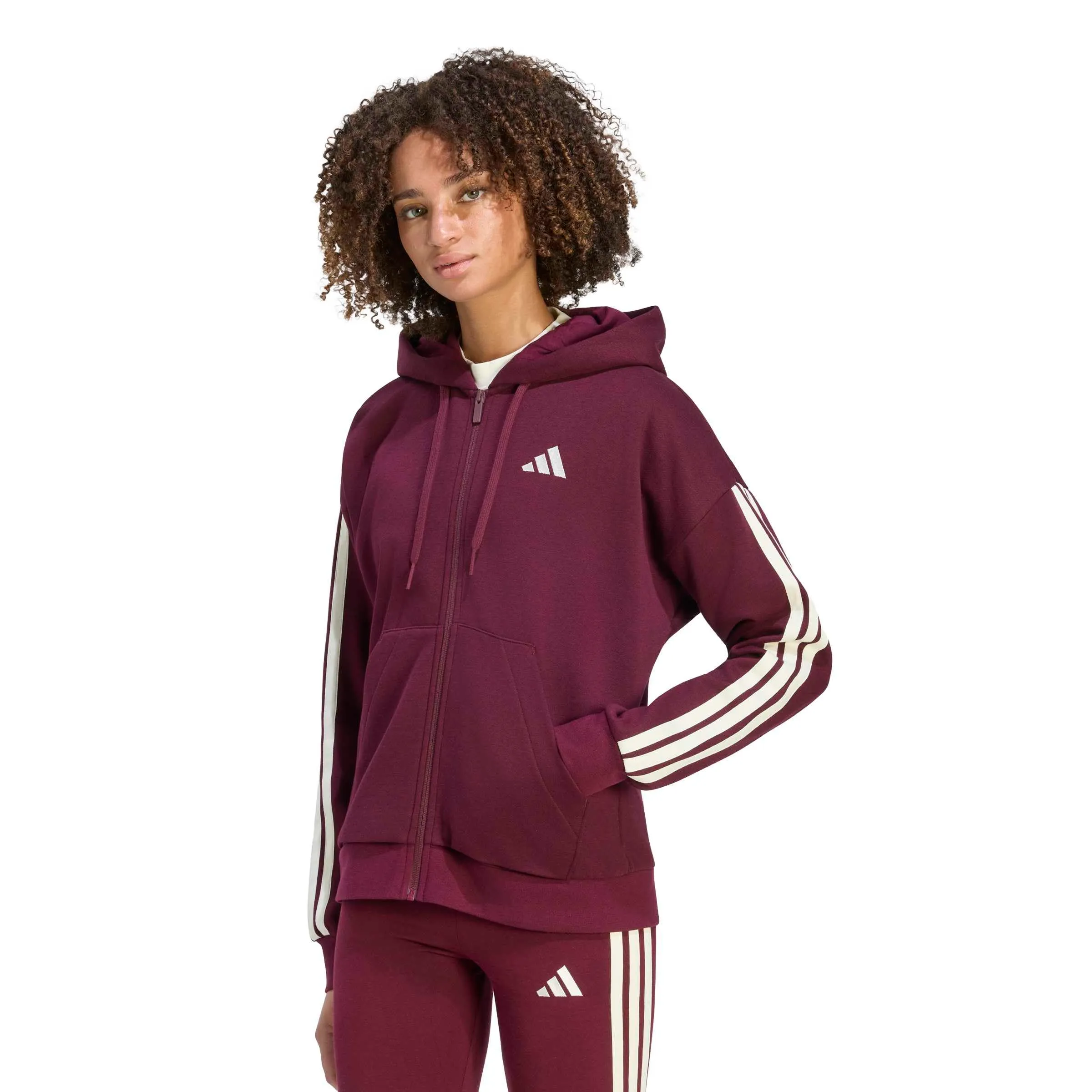 adidas Donna Essentials 3-Stripes Full-Zip Fleece Hoodie Sweatshirt, Maroon/Ivory, S - immagine 2