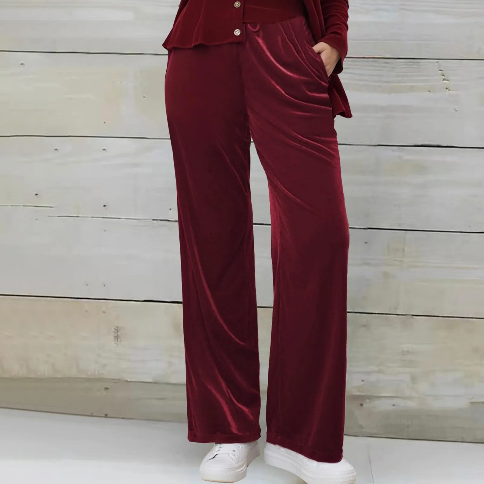 Gefomuofe Pantaloni in velluto a coste da donna a gamba larga, vita alta con tasche - immagine 2