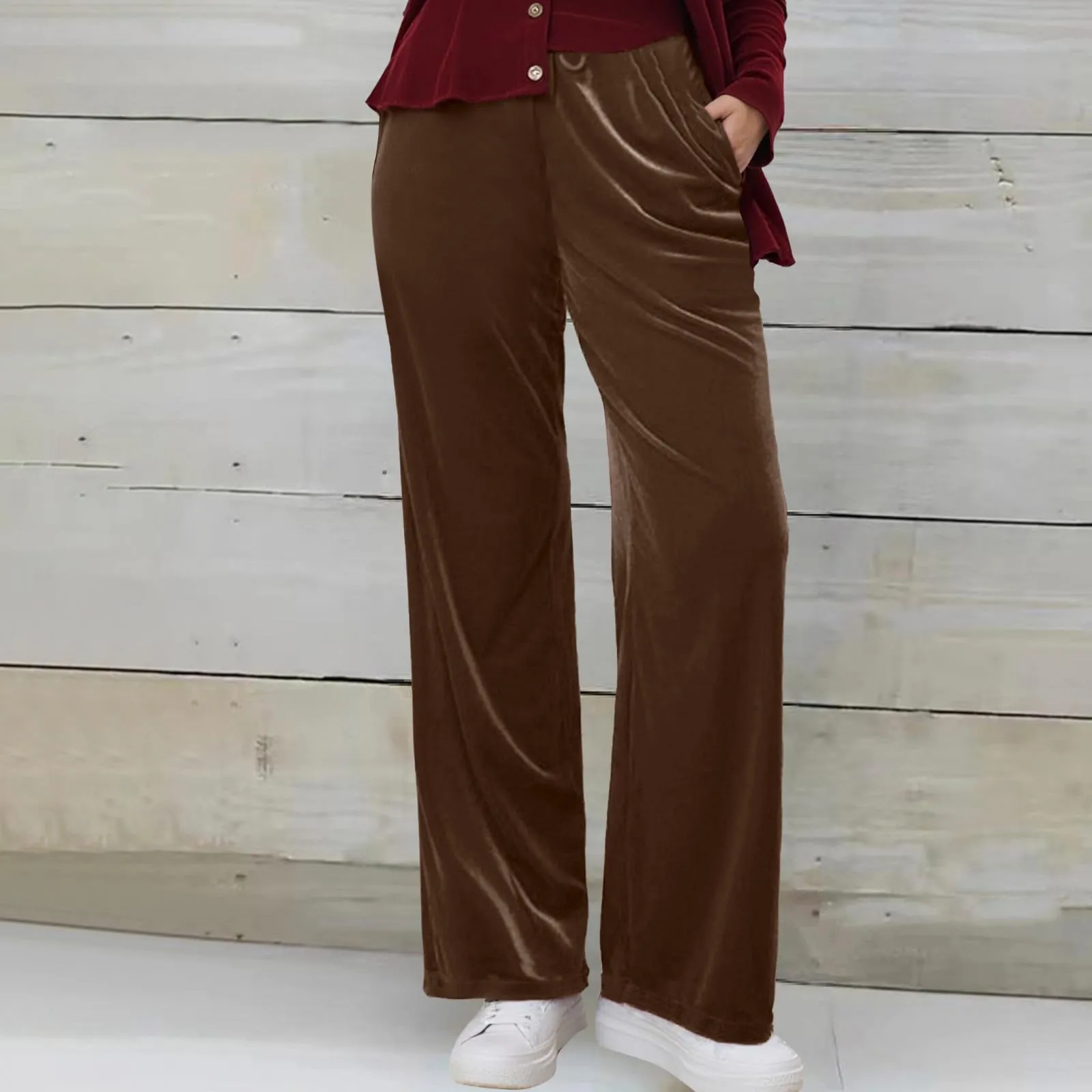 Gefomuofe Pantaloni in velluto a coste da donna a gamba larga, vita alta, marrone, XL - immagine 2