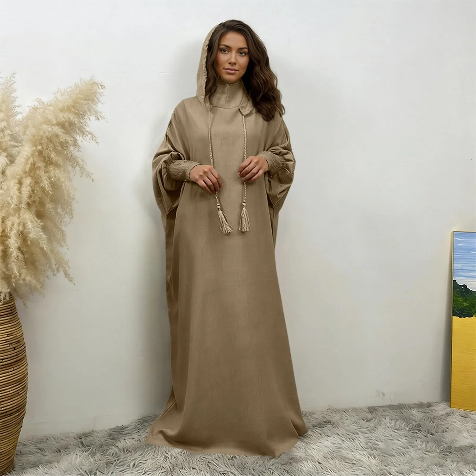 Generisch Abito da preghiera da donna Hijab Abaya Jilbab Islamico beige XXL - immagine 3