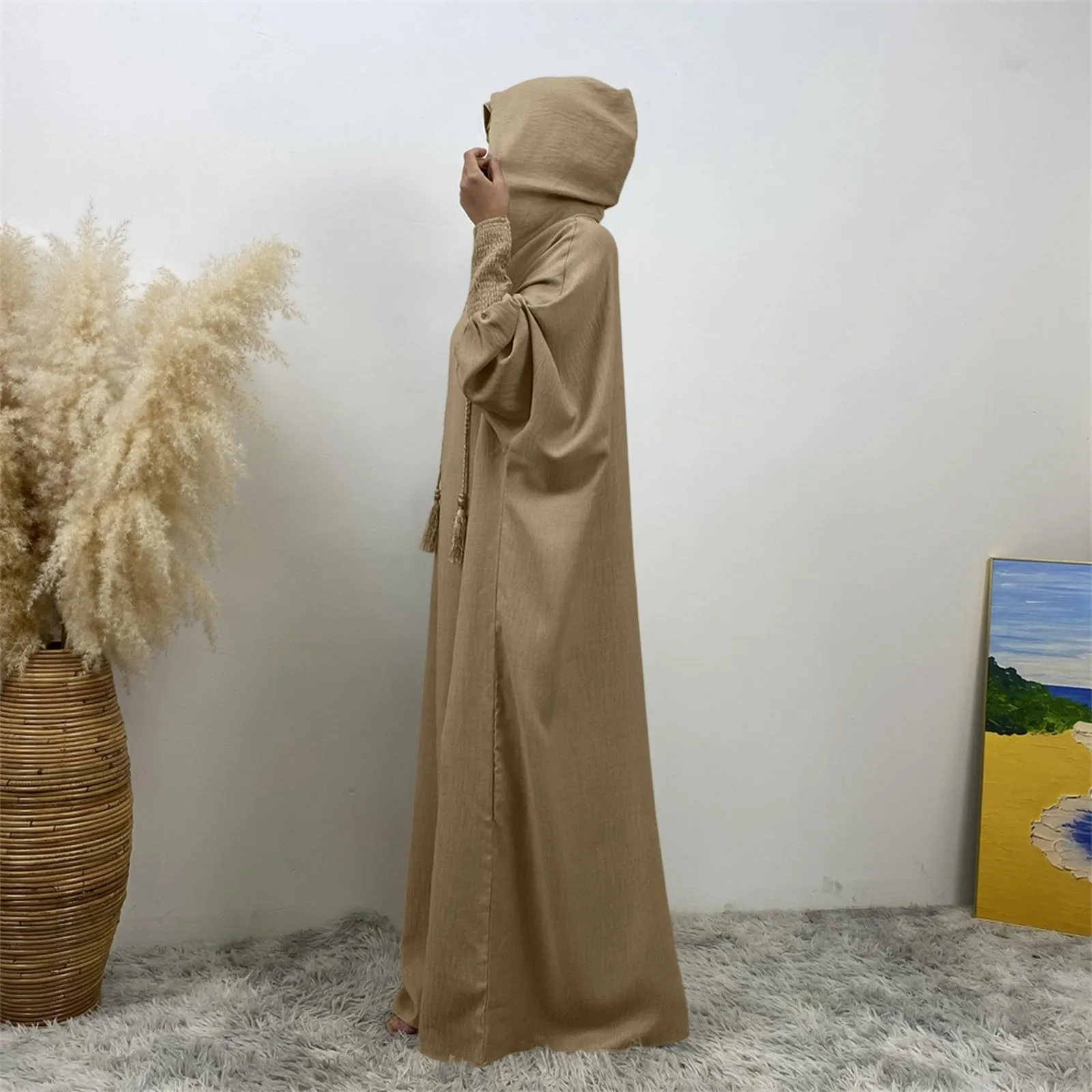 Generisch Abito da Preghiera Donna Hijab Abaya Jilbab Islamico, Beige, L - immagine 4