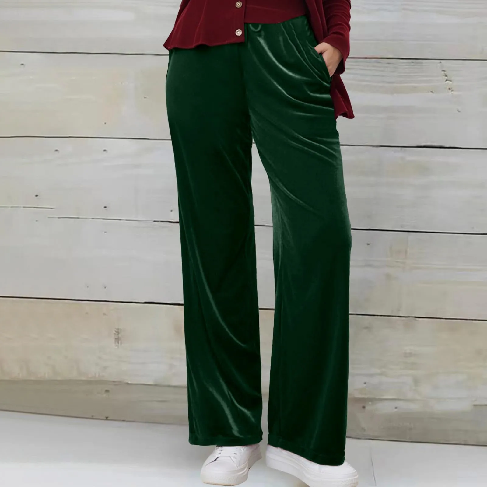 Gefomuofe Pantaloni in velluto a coste da donna a gamba larga, vita alta con tasche - immagine 2