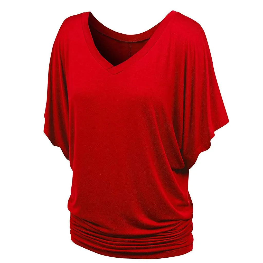 Generisch Maglietta Estiva Donna Oversize a Maniche Lunghe a Pistrello con Pieghe, Rosso, 3XL - immagine 5