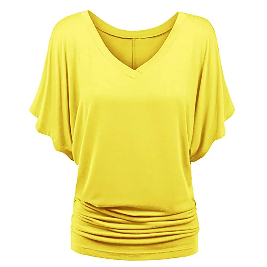 Generisch Maglietta estiva da donna a maniche lunghe a pipistrello con pieghe, Giallo, XL - immagine 1