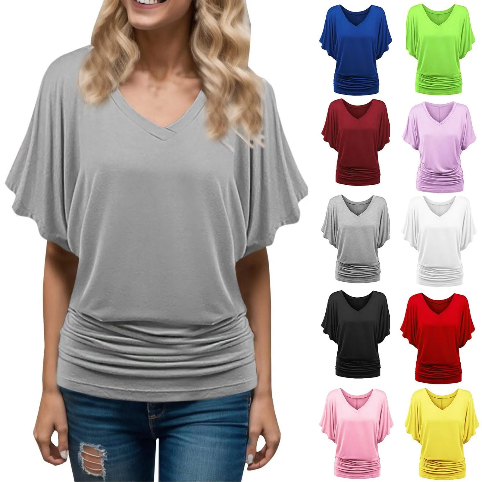 Generisch Maglietta Estiva Donna Maniche a Pipistrello con Pieghe, Verde, XL - immagine 2