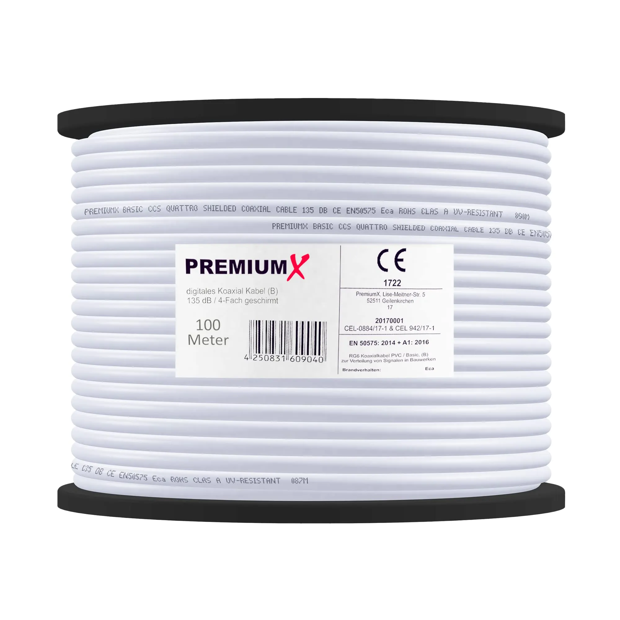 Premium X BASIC Cavo coassiale RG 6, 100m, Schermatura 135dB, Compatibile con DVB-S/S2, DVB-C, DVB-T, BK, Inclusi 10 connettori F - immagine 2
