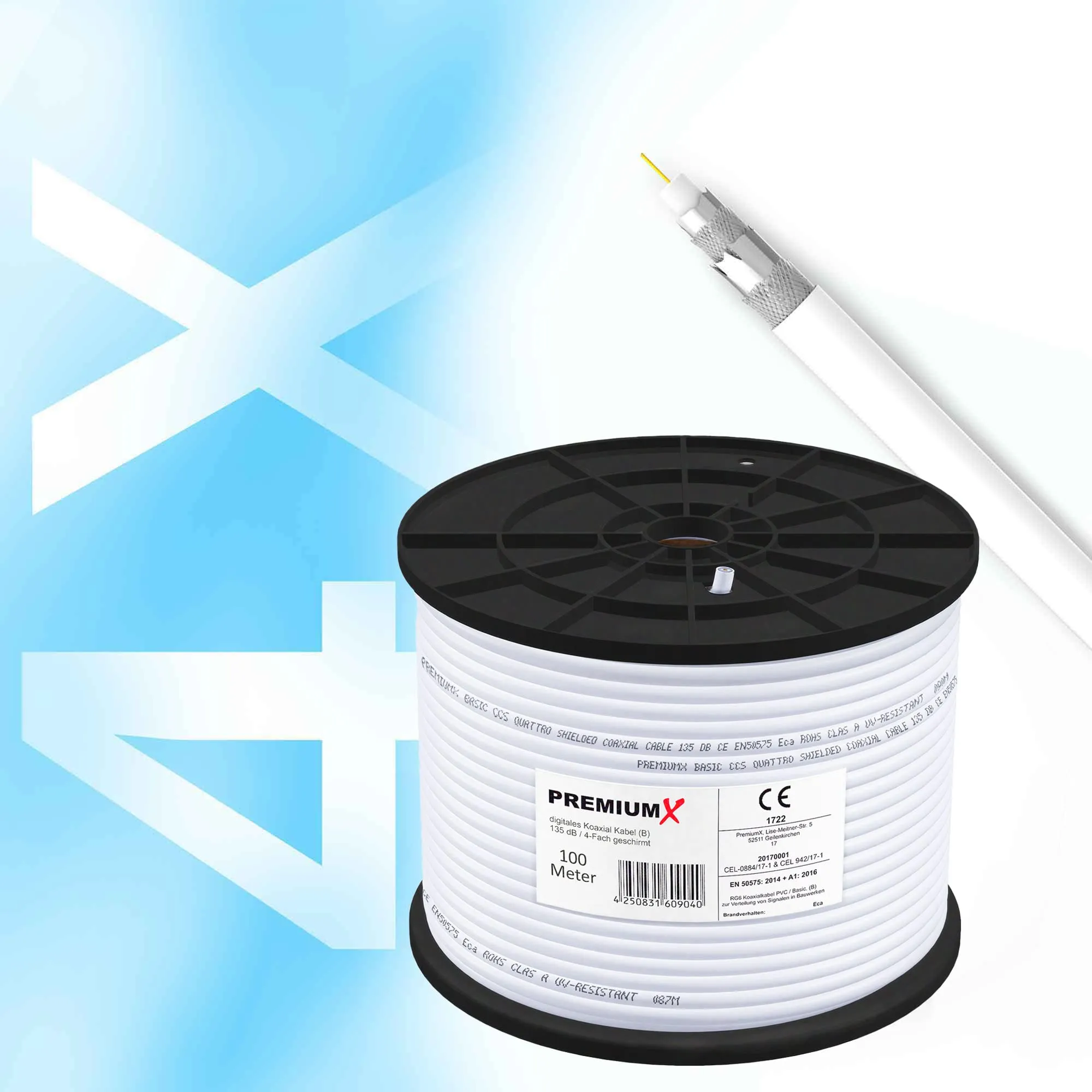 Premium X BASIC Cavo coassiale RG 6, 100m, Schermatura 135dB, Compatibile con DVB-S/S2, DVB-C, DVB-T, BK, Inclusi 10 connettori F - immagine 7