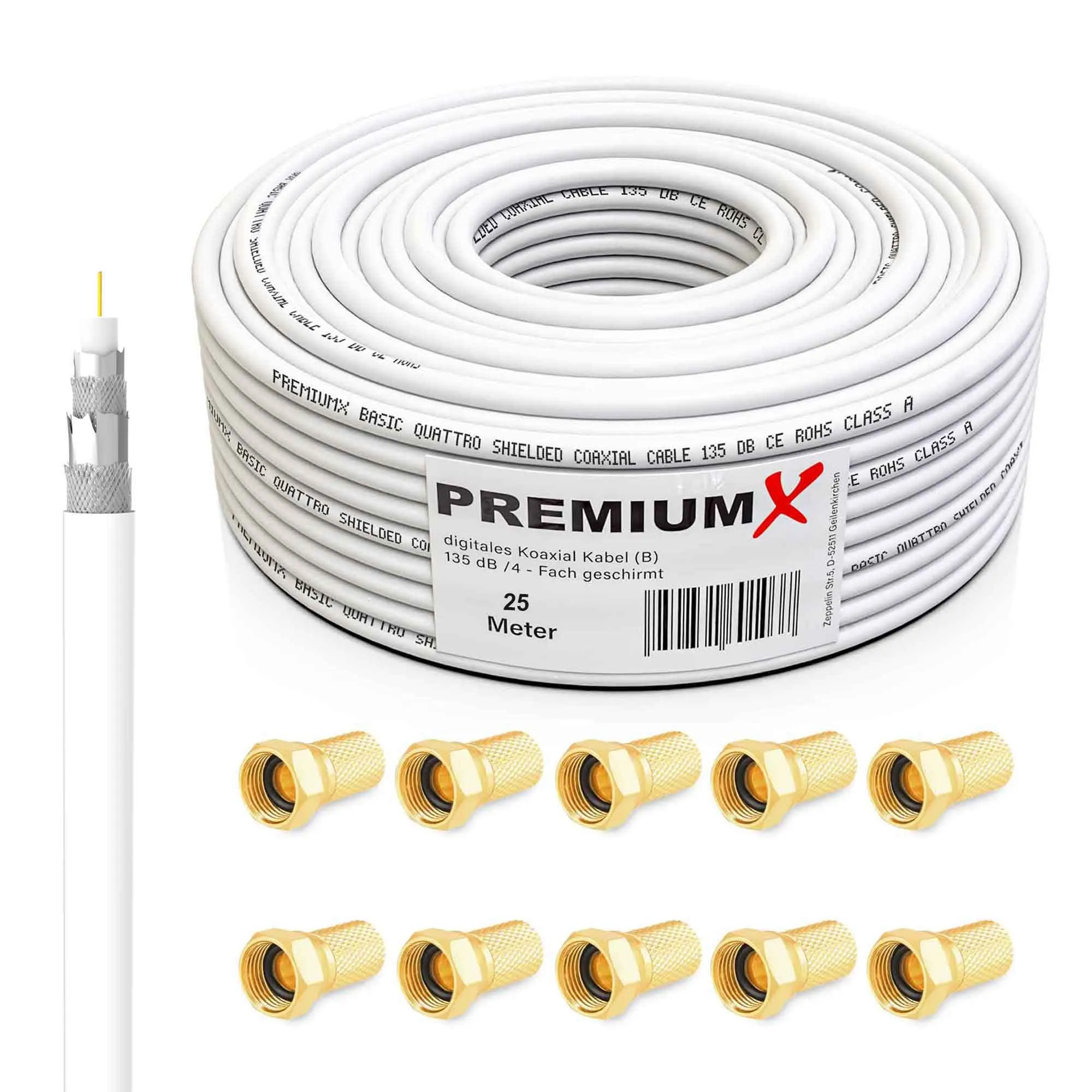 PremiumX Basic Cavo Coassiale RG 6 25m, Schermatura Alluminio Quadrupla 135dB, Compatibile DVB-S/S2/C/T, incl. 10 Connettori F - immagine 1
