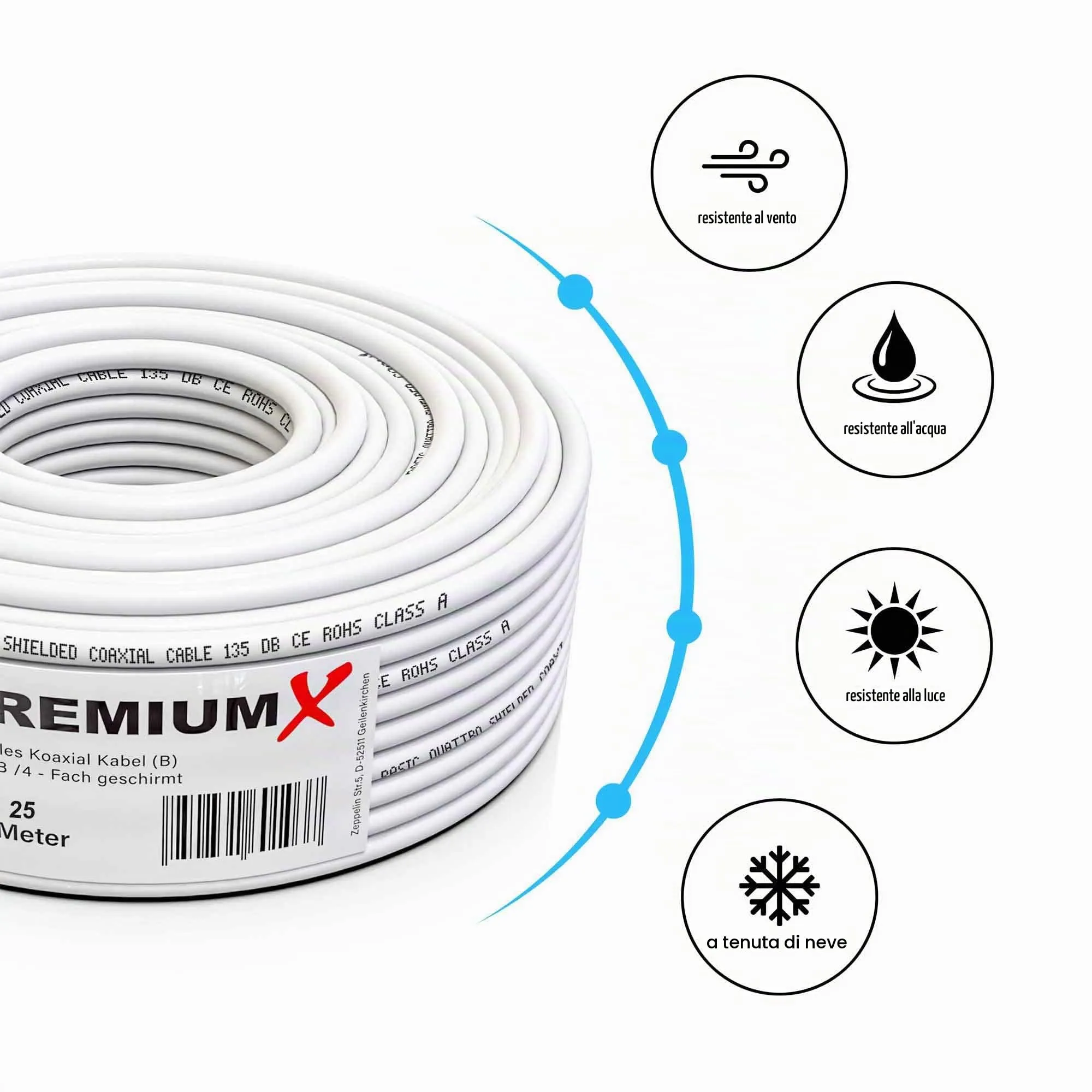 PremiumX Basic Cavo Coassiale RG 6 25m, Schermatura Alluminio Quadrupla 135dB, Compatibile DVB-S/S2/C/T, incl. 10 Connettori F - immagine 3