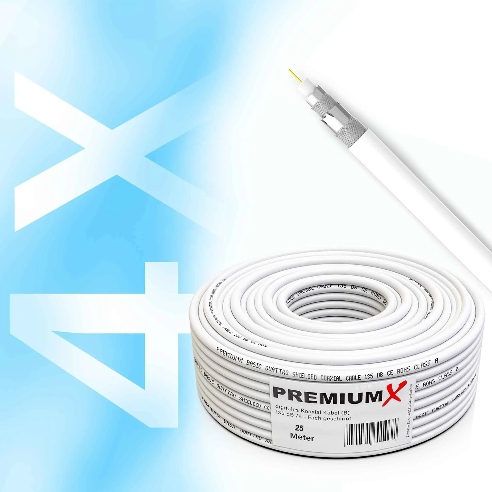 PremiumX Basic Cavo Coassiale RG 6 25m, Schermatura Alluminio Quadrupla 135dB, Compatibile DVB-S/S2/C/T, incl. 10 Connettori F - immagine 7